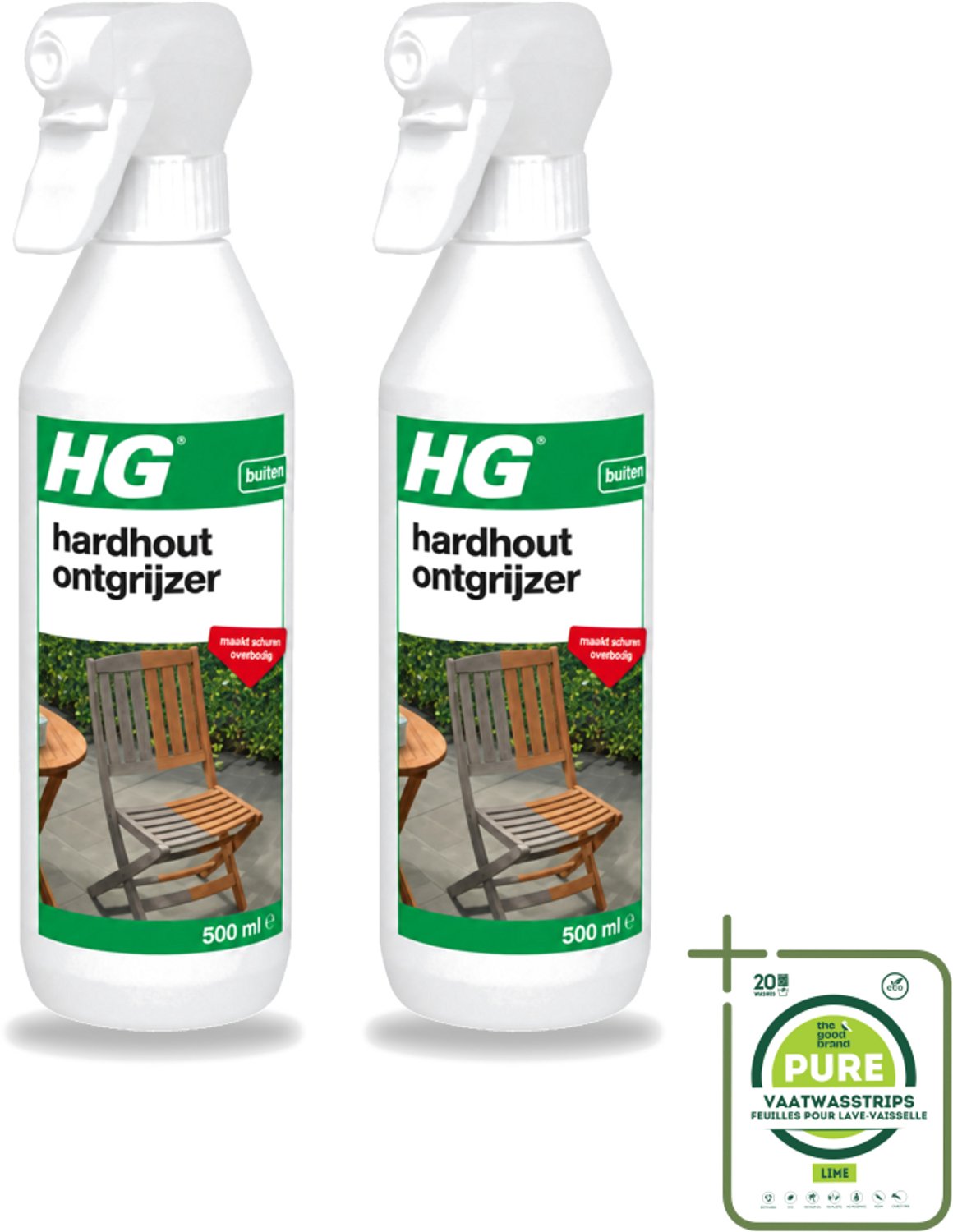2 x HG - Buiten - Hardhout Ontgrijzer - Maakt Schuren Overbodig - 500 ml - Grootverpakking - Vaatwasstrips - Hardhout Ontgrijzen - Tuinmeubel Reinigen - Vergrijzing Verwijderen - Hout Reinigen - Schuren Vermijden