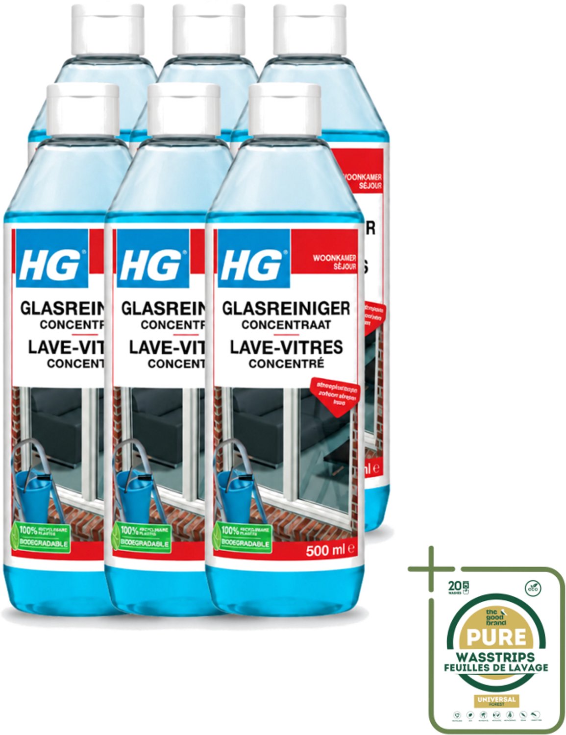 6 x HG - Glasreiniger Concentraat - Streeploos Schoon - 12 Schoonmaakbeurten - 500 ml - Wasstrips - Glas Reinigen - Streeploos Reinigen - Ramen Reinigen - Glazen Reiniger - Reinigingsmiddel