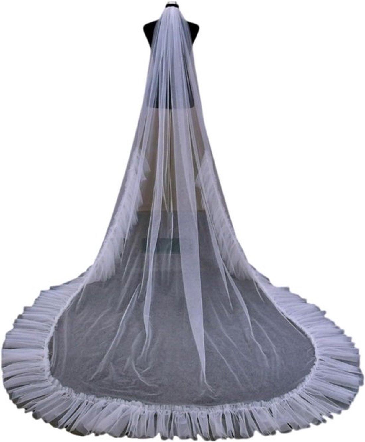 Zijden sluier, bruidsjurk, bruidssluier Bruidssluier 1-laags bruidssluiers Luxe kathedraal bruidssluier met geplooide kanten rand Bruidssluiers(300cm)