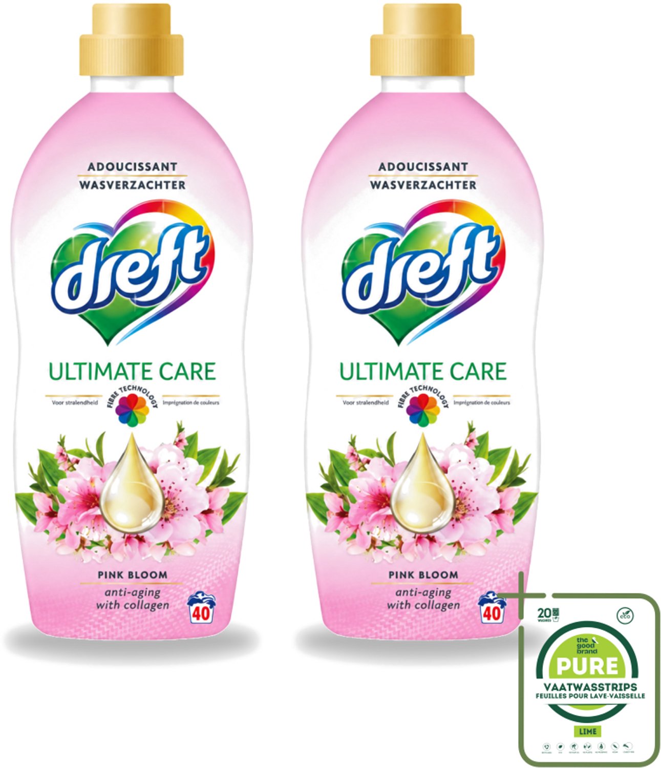 2 x Dreft - Ultimate Care - Wasverzachter - Roze Bloem - Anti-Veroudering - 40 Wasbeurten - Grootverpakking - Vaatwasstrips - Wasverzachter - Anti-aging - Kleurbescherming - Wasgoed Verzorging - Roze Bloem Geur