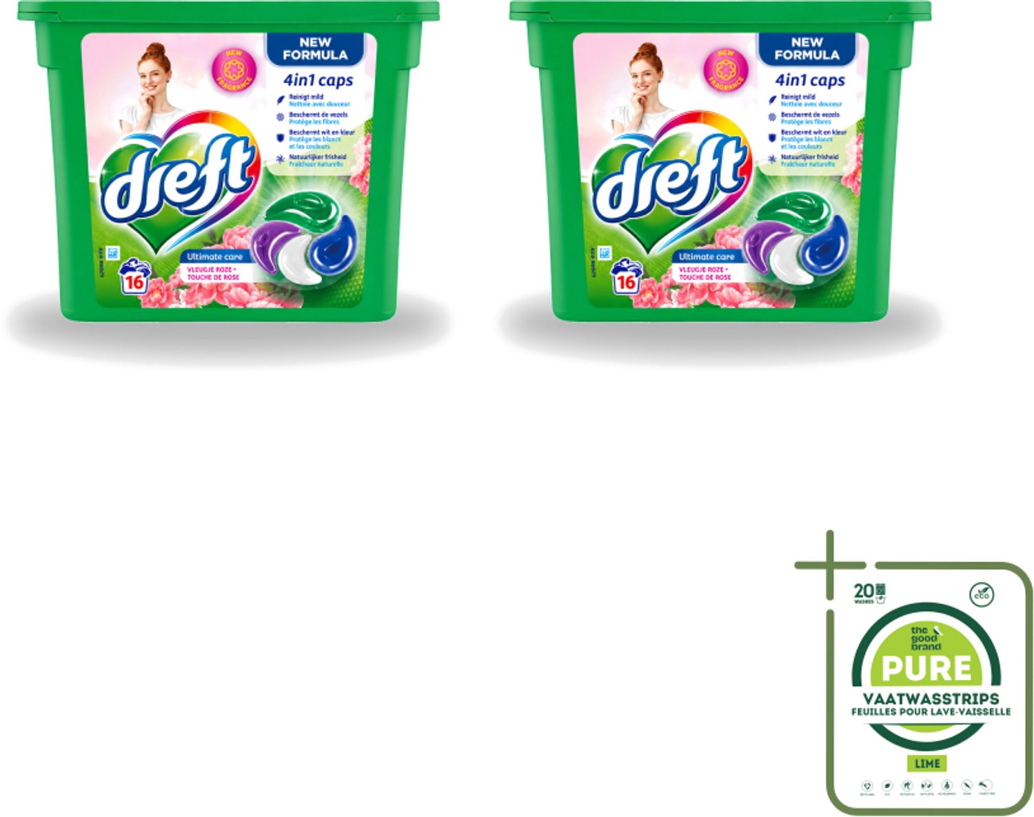 2 x Dreft - Nieuwe Formule - Wasmiddelcapsules 4in1 - Witte en Gekleurde Was - Vleugje Roze - 16 Wasbeurten - Grootverpakking - Vaatwasstrips - Wasmiddelcapsules - Wasbeurten - Kleurbescherming - Frisheid - Wasgoed