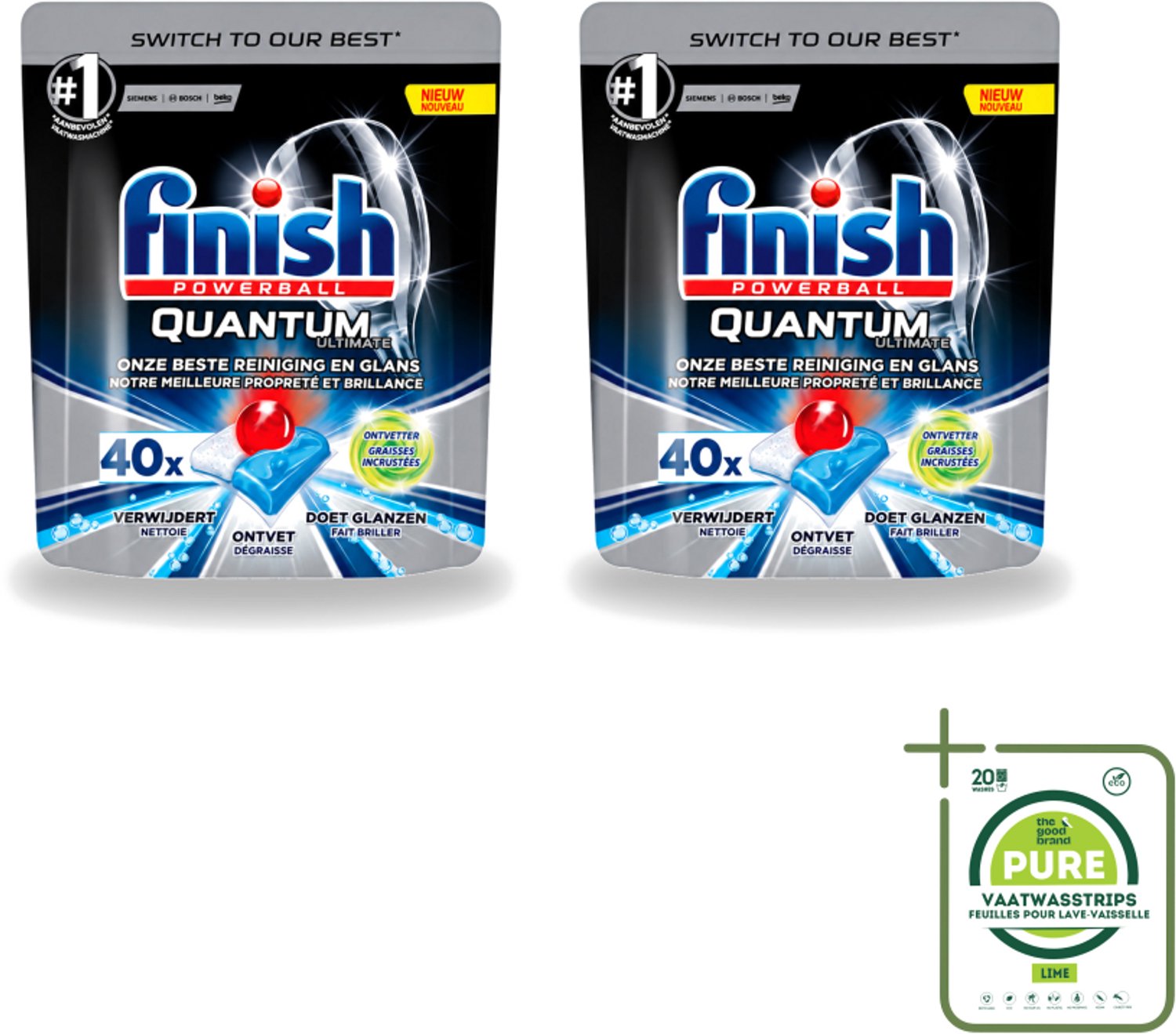 2 x Finish Powerball - Quantum Ultimate - Vaatwastabletten - Ontvetter - 40 Tabletten - Grootverpakking - Vaatwasstrips - Vaatwasmiddel - Vaatwastablet - Ontvetter - Vaatwasser - Vetverwijdering