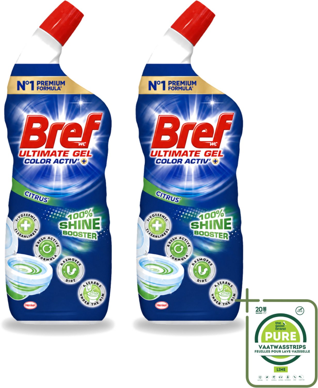 2 x Bref WC - Ultimate Gel Color Activ+ - Toiletreiniger - Citrus - 700 ml - Grootverpakking - Vaatwasstrips - Hygiëne Toilet - Toilet Reinigen - Toilet Reinigingsgel - Toilet Reinigingsproduct - Toilet Kalk Bestrijden
