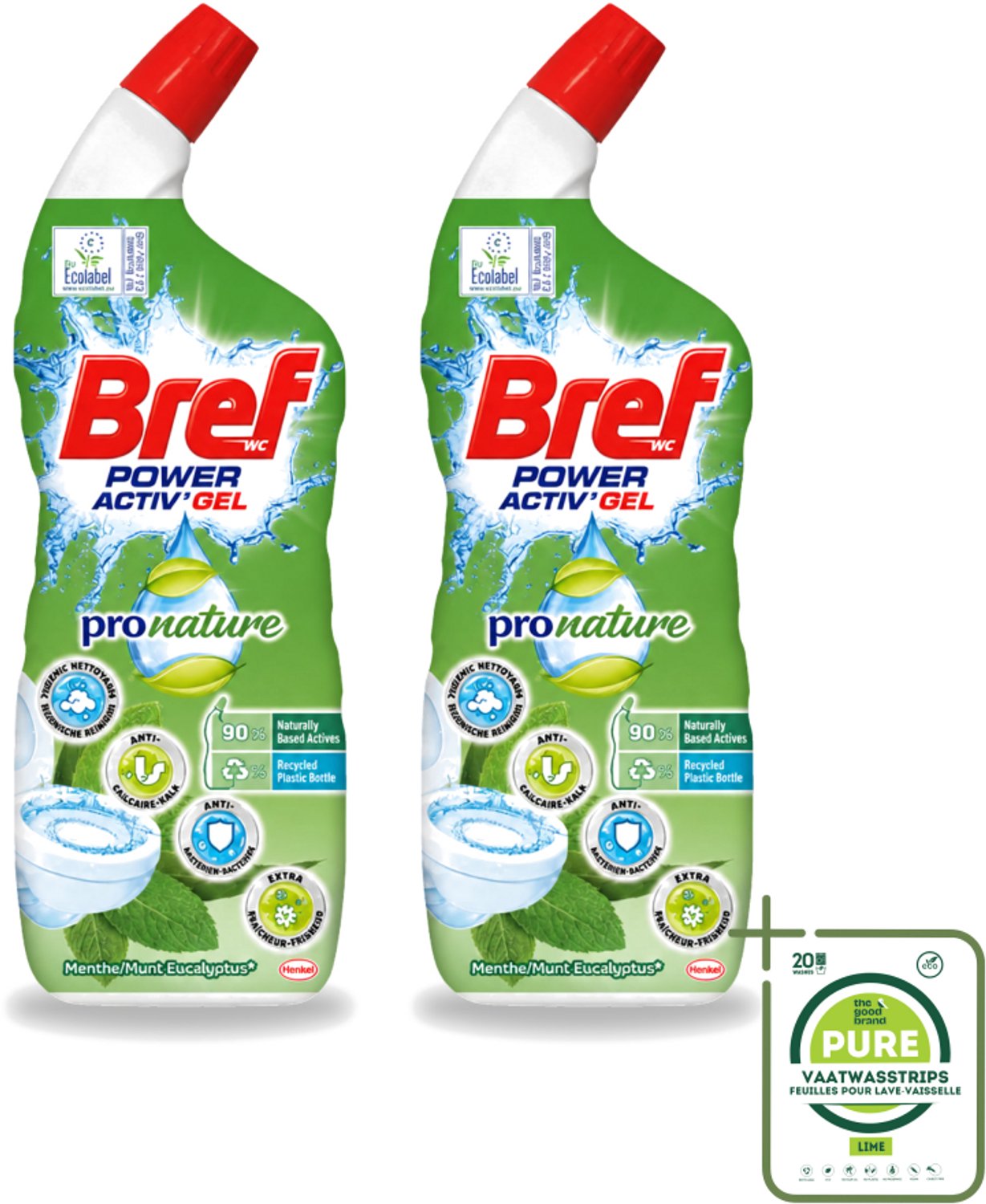 2 x Bref WC - Power Activ+ - Toiletreiniger - Gel - Eucalyptus - 700 ml - Grootverpakking - Vaatwasstrips - Toiletreiniging - Eucalyptus - Natuurlijke Reiniging - Duurzame Toiletreiniger - Milieuvriendelijk