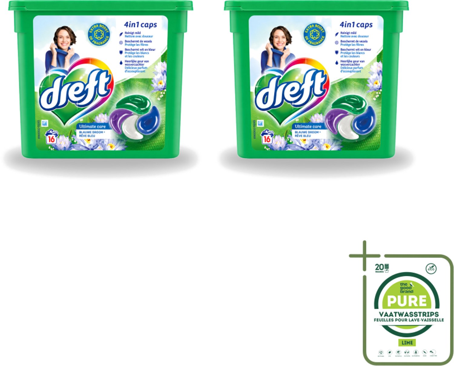 2 x Dreft - Wasmiddelcapsules 4in1 - Witte en Gekleurde Was - Blauwe Droom - 16 Wasbeurten - Grootverpakking - Vaatwasstrips - Wasmiddelcapsules - Blauwe Droom - Kleurbescherming - Frisse Geur - Wasbeurten