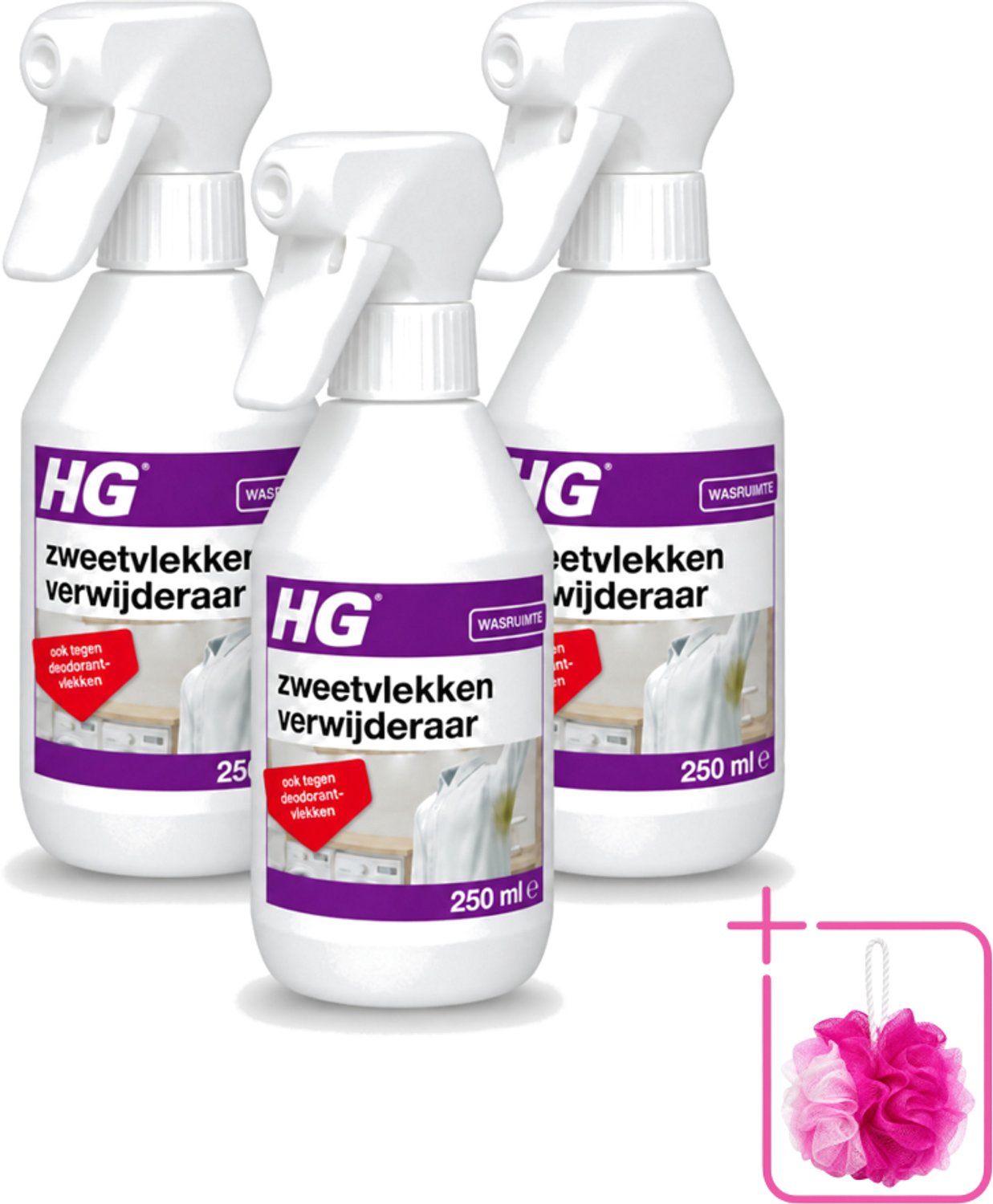 3 x HG - Wasruimte - Zweetvlekkenverwijderaar - Tegen Deodorantvlekken - 250 ml - Bulkverpakking - Zweetvlekken verwijderen - Douchemop - Gele vlekken verwijderen