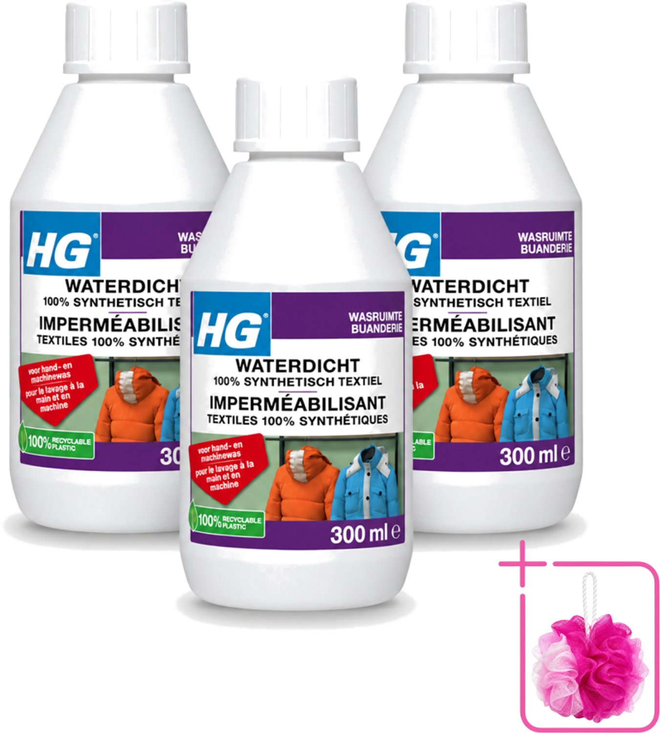 3 x HG - Wasruimte - Waterdicht 100% Synthetisch Textiel - Voor Hand & Machine Was - 300 ml - Bulkverpakking - Waterdicht textiel - Douchemop - Vuilafstotend textiel