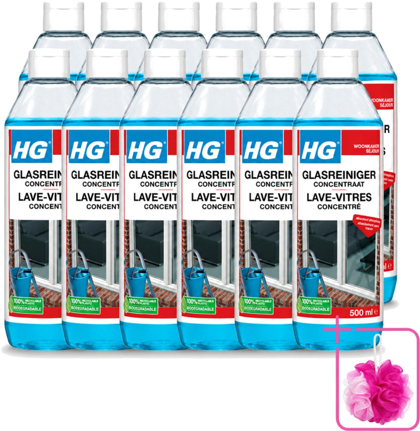 12 x HG - Glasreiniger Concentraat - Streeploos Schoon - 12 Schoonmaakbeurten - 500 ml - Bulkverpakking - Glas reinigen - Douchemop - Streeploos reinigen