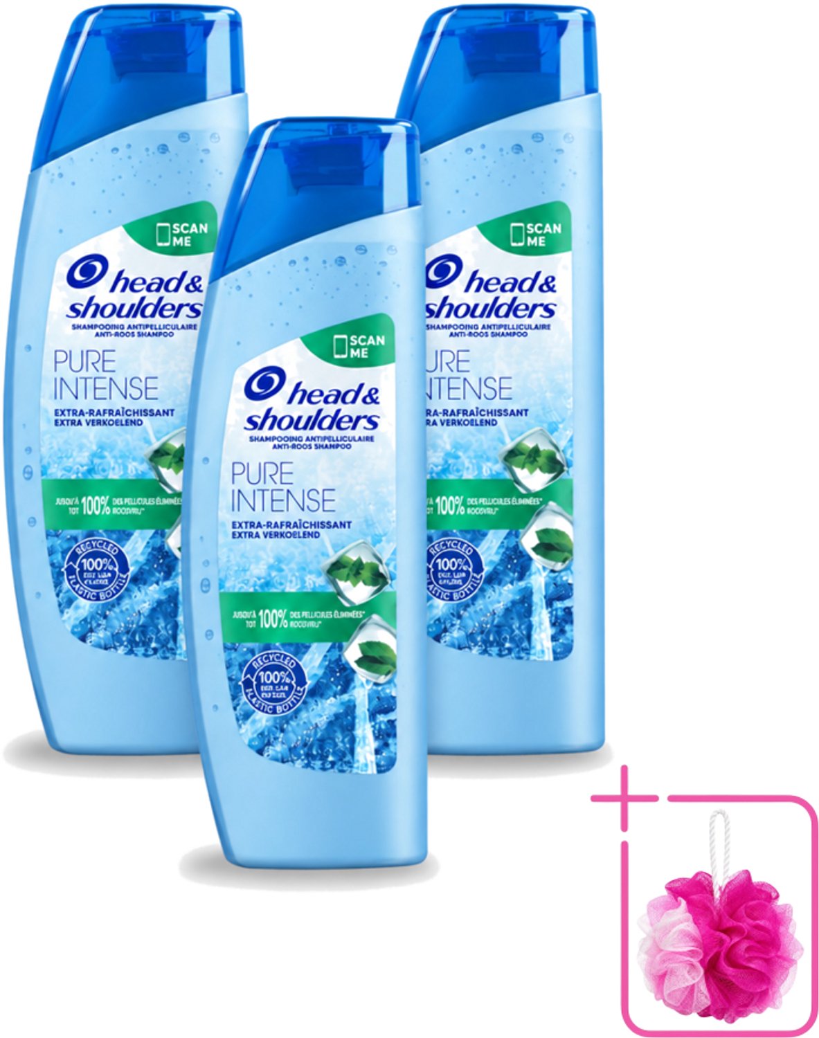 3 x Head & Shoulders - Anti-Roos Shampoo - Pure Intense - Extra Verkoelend - 250 ml - Bulkverpakking - Roosvrij haar - Douchemop - Roosbestrijding