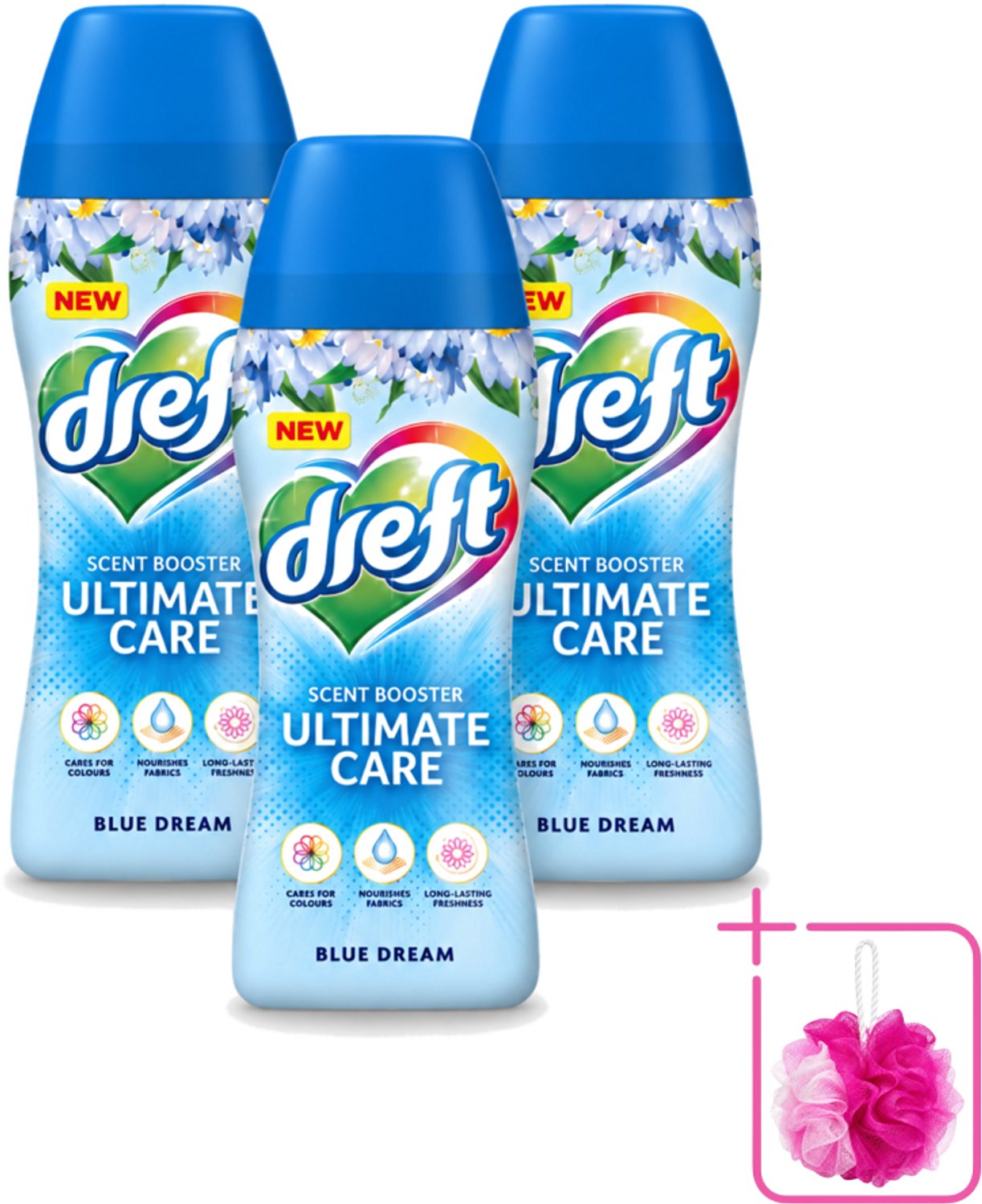 3 x Dreft - Ultimate Care - Wasverzachter - Geurbooster - Gekleurde Was - Blauwe Droom - 15 Wasbeurten - Bulkverpakking - Wasmiddel - Douchemop - Geurbooster