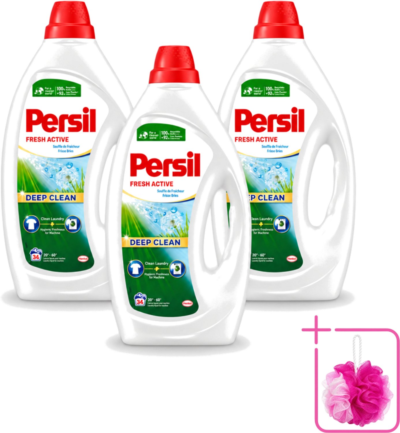 3 x Persil Fresh Active - Vloeibaar Wasmiddel - Witte en Gekleurde Was - Frisse Bries - 34 Wasbeurten - Bulkverpakking - Wasmiddel - Douchemop - Frisse bries
