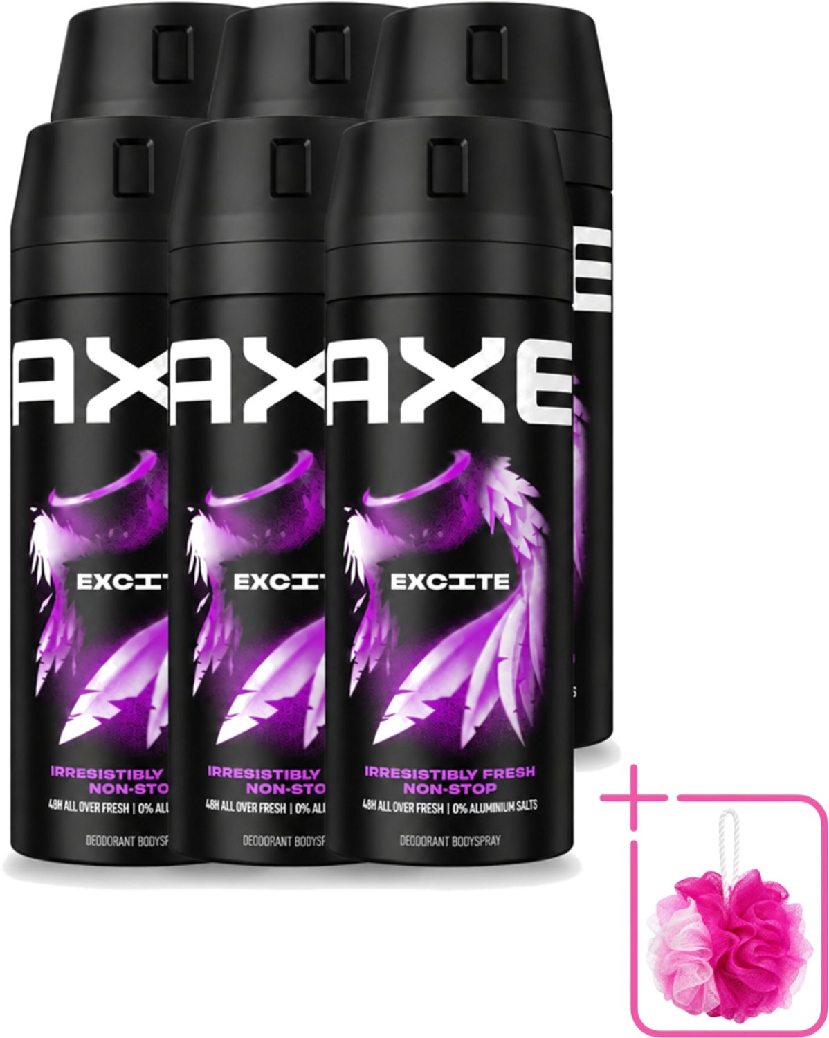 6 x Axe - Deodorant Bodyspray - 48hrs Fresh - Excite - Crisp Coconut & Black Pepper - 150 ml - Bulkverpakking - Deodorant - Douchemop - Lichaamsgeur