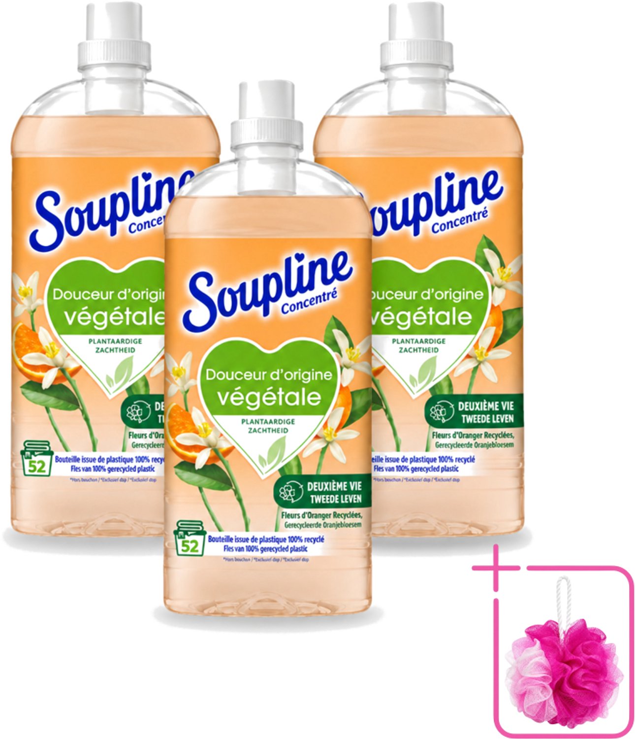 3 x Soupline - Wasverzachter - Oranjebloesem - 52 Wasbeurten - 1.3L - Bulkverpakking - Wasverzachter - Douchemop - Plantaardige zachtheid
