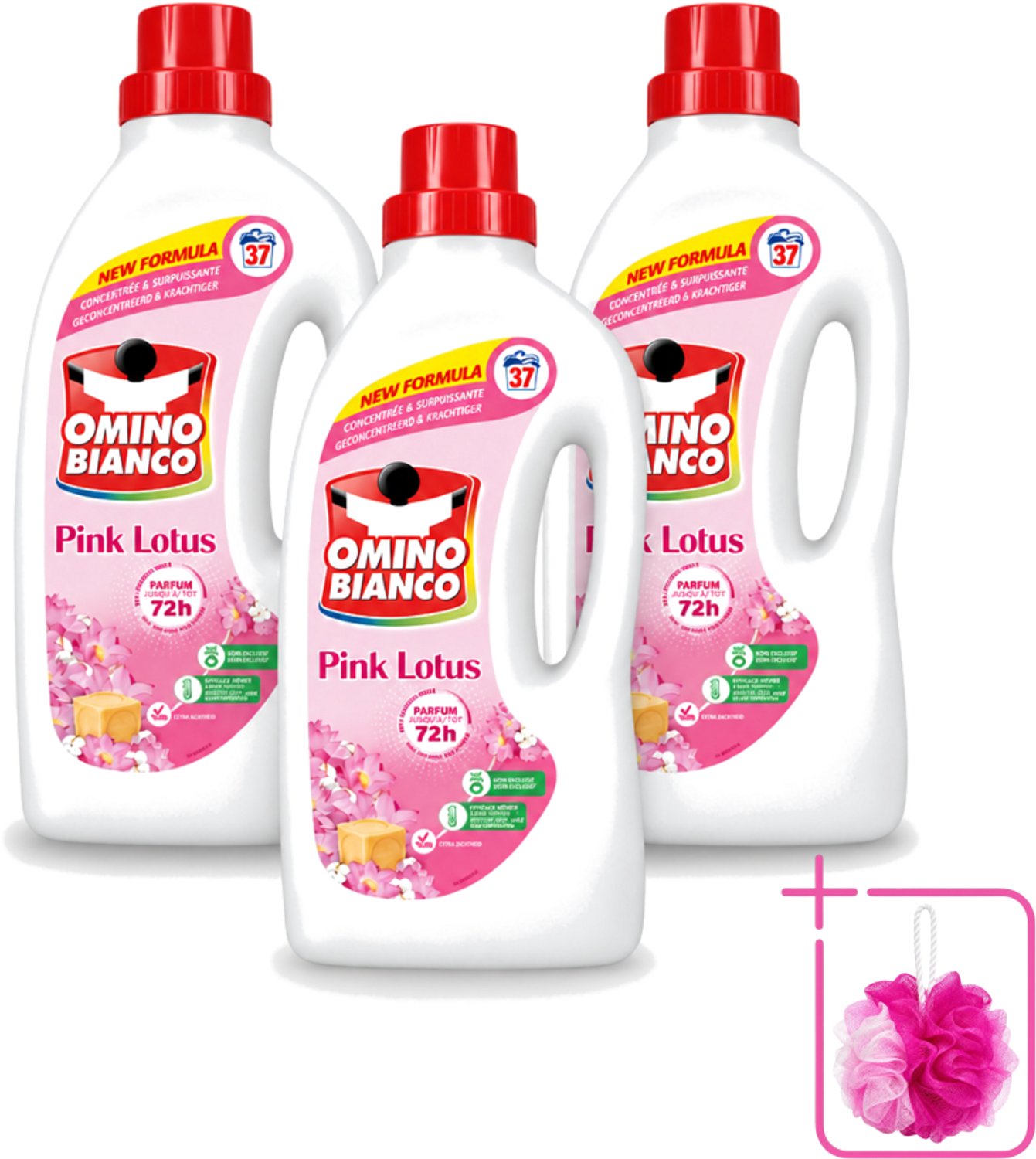 3 x Omino Bianco - Roze Lotus - Wasmiddel - Witte & Gekleurde Was - 37 Wasbeurten - Bulkverpakking - Wasmiddel - Douchemop - Wasgeur