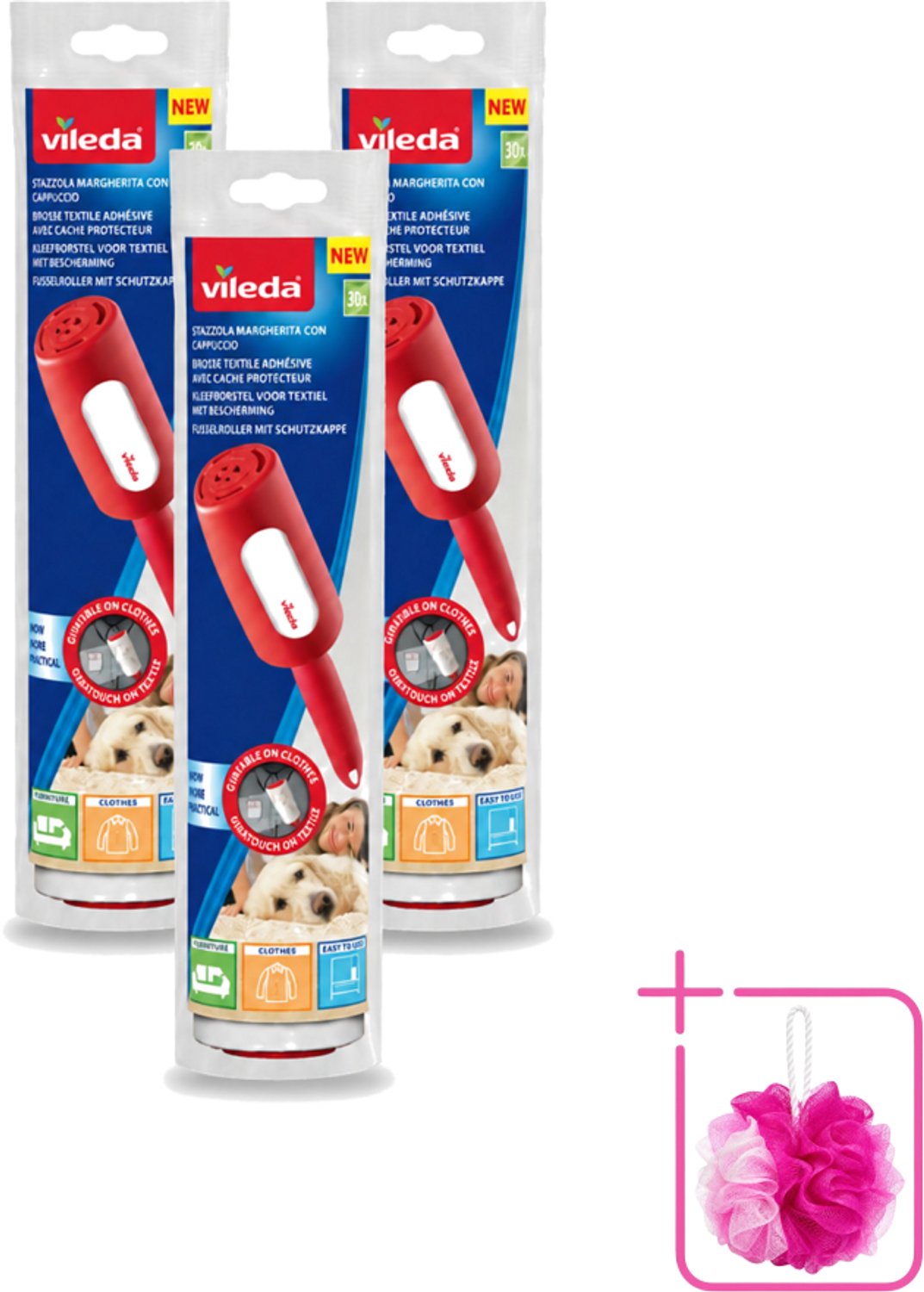 3 x Vileda - Lintroller - Pluisverwijderaar - Inclusief Beschermkap - 30 Vellen - Bulkverpakking - Pluisverwijderaar - Pluisjes verwijderen
