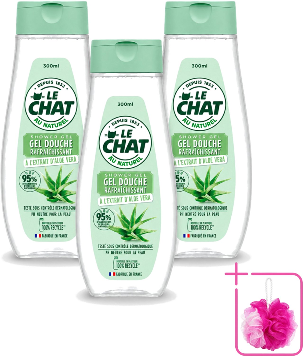 3 x Le Chat - Douchegel - PH Neutraal - Met Extract Van Aloë Vera - Verfrissend - 300 ml - Bulkverpakking - Douchegel aloë vera - Douchemop - Frisheid huid