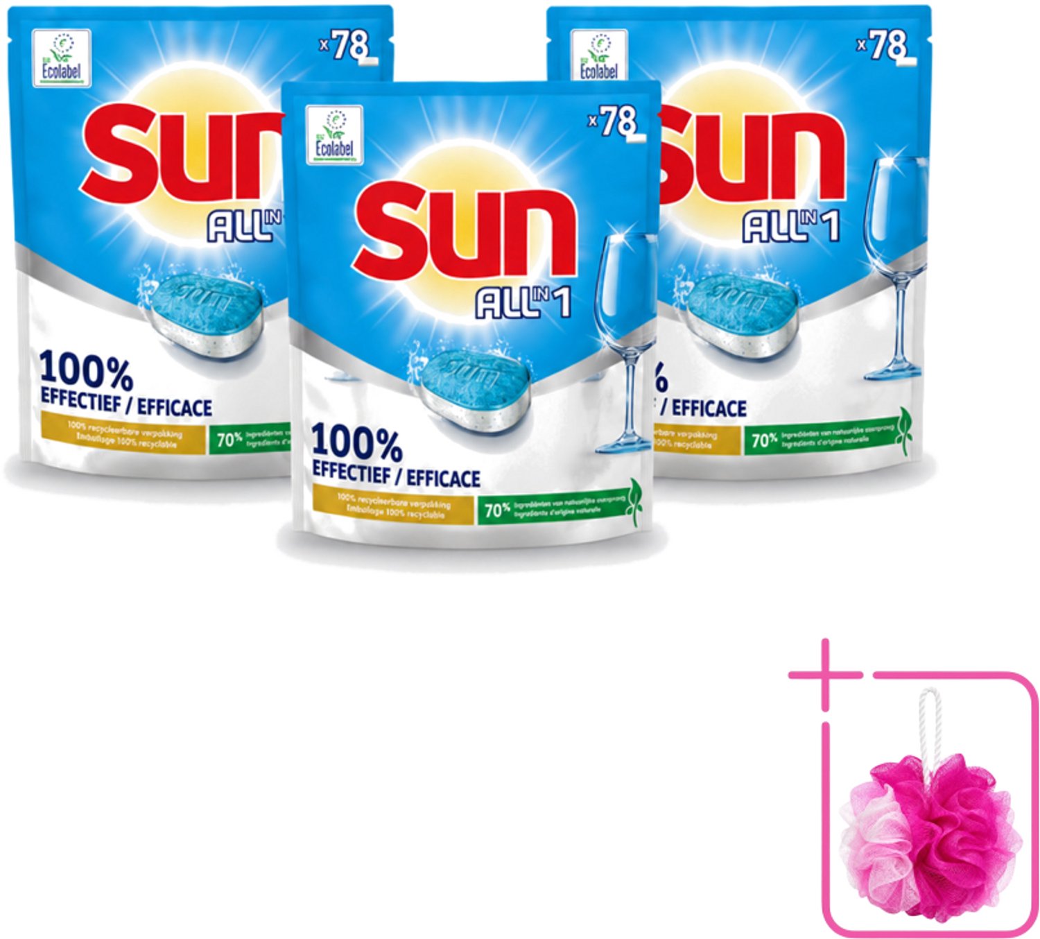 3 x Sun All-in-1 - Eco Label - Vaatwastabletten - 78 Tabletten - Bulkverpakking - Vaatwastabletten - Douchemop - Milieuvriendelijke vaatwas