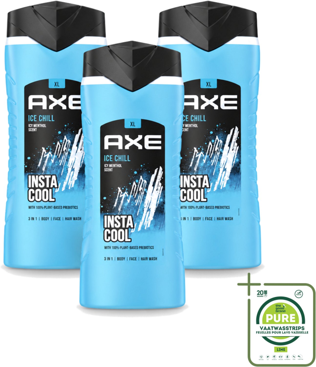 3 x Axe XL - 3-in-1 Douchegel - Ice Chill - Icy Menthol - Insta Cool - 400 ml - Grootverpakking - Vaatwasstrips - Douchegel - Frisheid - Bevroren Munt - Citroen - 3-in-1