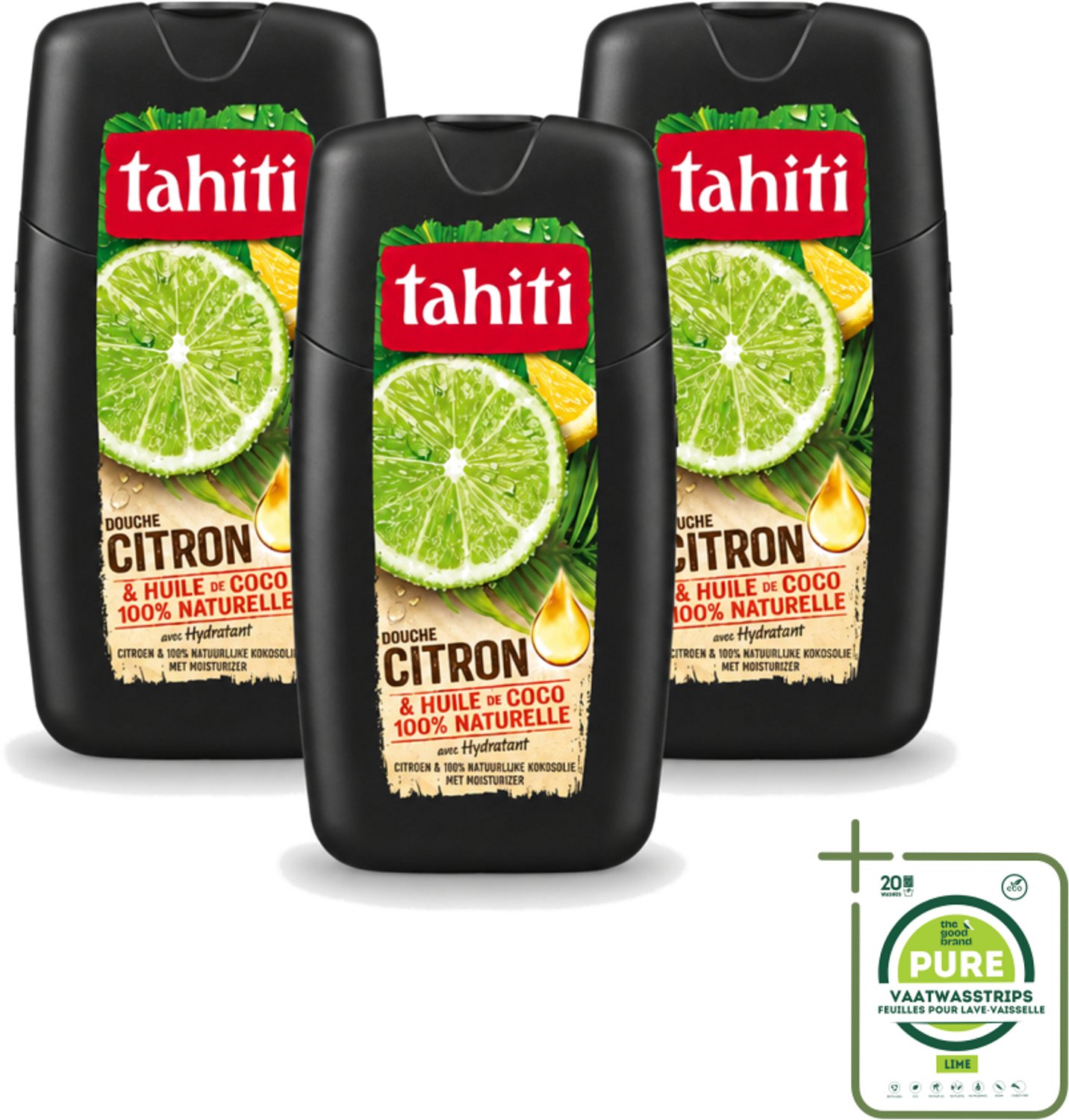 3 x Tahiti - Douchegel - Citroen & Kokosolie - Hydraterend - 250 ml - Grootverpakking - Vaatwasstrips - Douchegel Citroen Kokosolie - Hydraterende Douchegel - Citroengeur Douchegel - Kokosolie Douchegel - Natuurlijke Douchegel