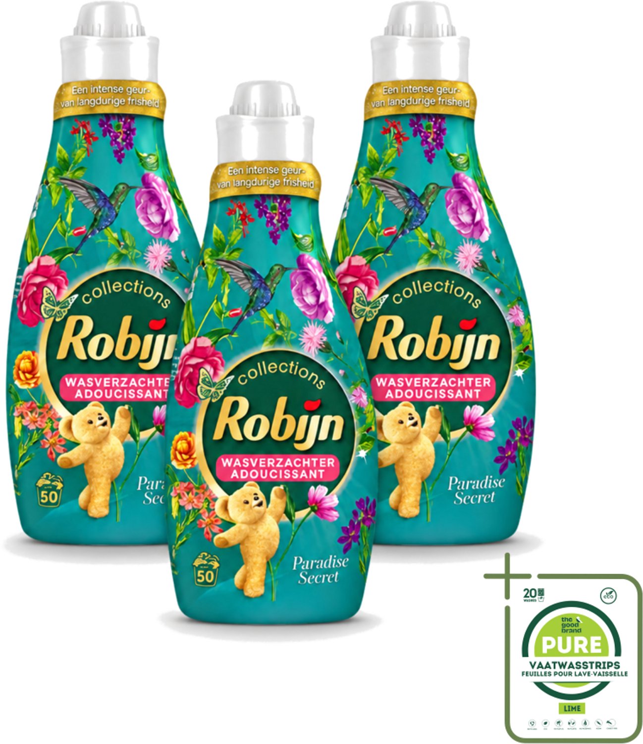 3 x Robijn Collections - Wasverzachter - Paradise Secret - 1,25L - 50 Wasbeurten - Grootverpakking - Vaatwasstrips - Wasverzachter - Luxe Wasverzachter - Parfum Wasverzachter - Zijdezachte Wasverzachter - Wasverzachter Voor Kleding