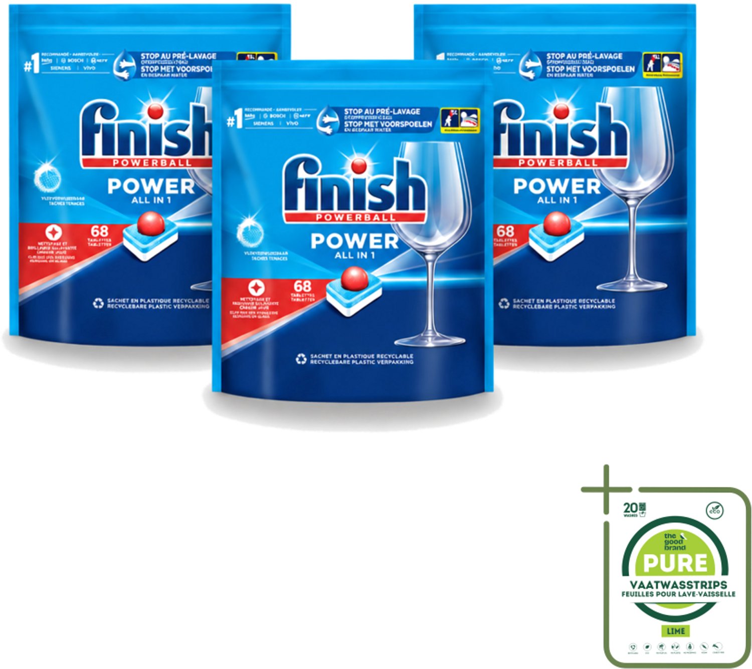 3 x Finish Powerball - Power All in 1 - Vaatwastabletten - Reiniging & Glans - 68 Tabletten - Grootverpakking - Vaatwasstrips - Vaatwastabletten - Vaat Reinigen - Vlekverwijderaar - Vaatwasmiddel - Krachtige Vaatwasmiddel