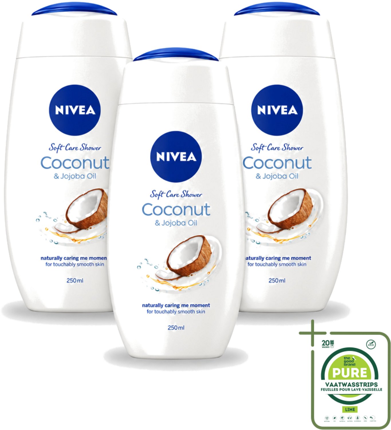 3 x Nivea - Huid Beschermende Douchecreme - Kokosnoot - 250 ml - Grootverpakking - Vaatwasstrips - Douchecrème - Kokosnoot - Huidbeschermend - Hydratatie - Huidverzorging