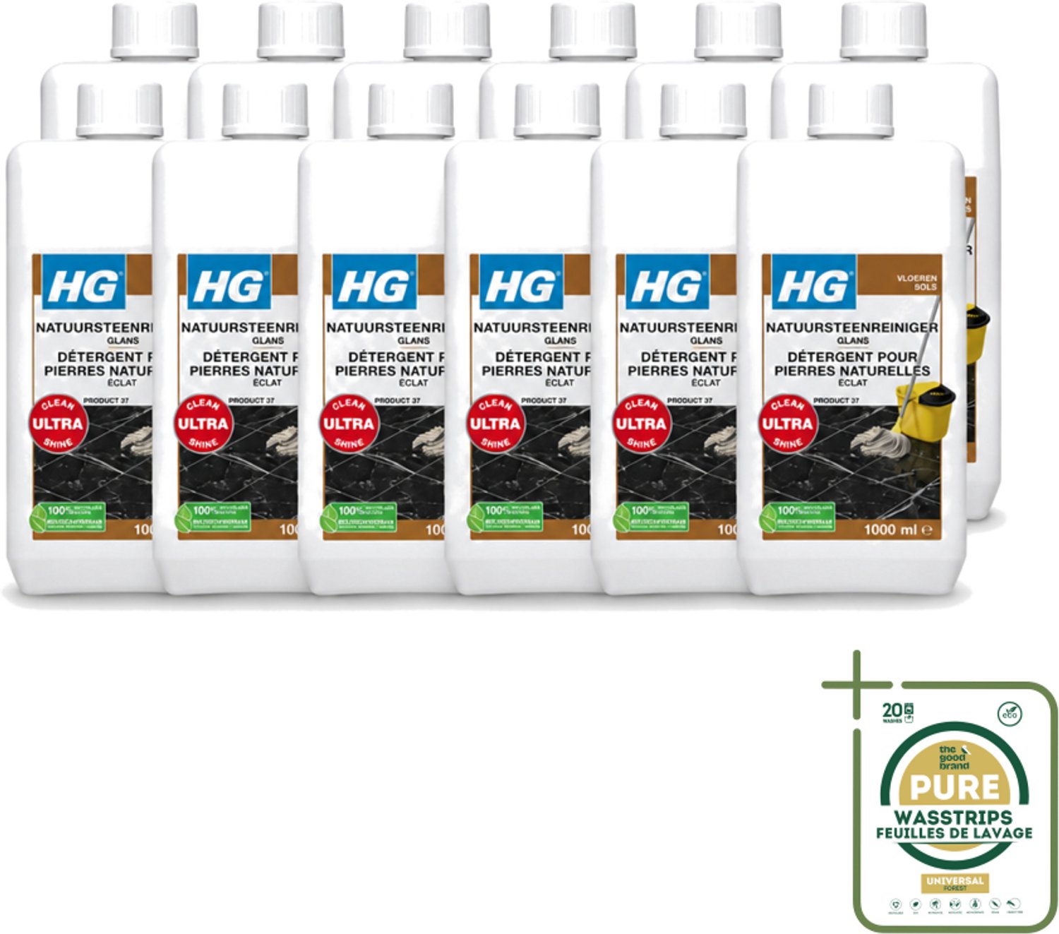 12 x HG - Natuursteenreiniger Glans - Ultra Glans - 20 Dweilbeurten - 1L - Wasstrips - Natuursteen Reinigen - Marmer Reinigen - Natuursteen Glans - Natuursteen Reiniger - Natuursteen Schoonmaken