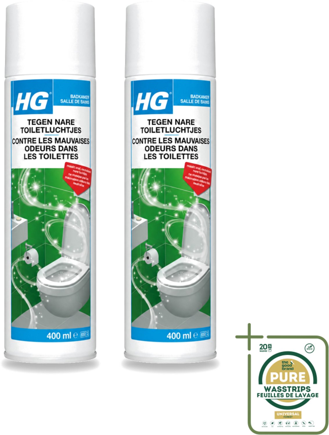2 x HG - Tegen Nare Toiletluchtjes - Neutraliseert Alle Luchtjes - Natuurlijk Zuiveringsproces - 400 ml - Wasstrips - Toiletlucht Neutraliseren - Nare Geur Weg - Lucht Reinigen - Geur Neutraliseren - Badkamer Geur
