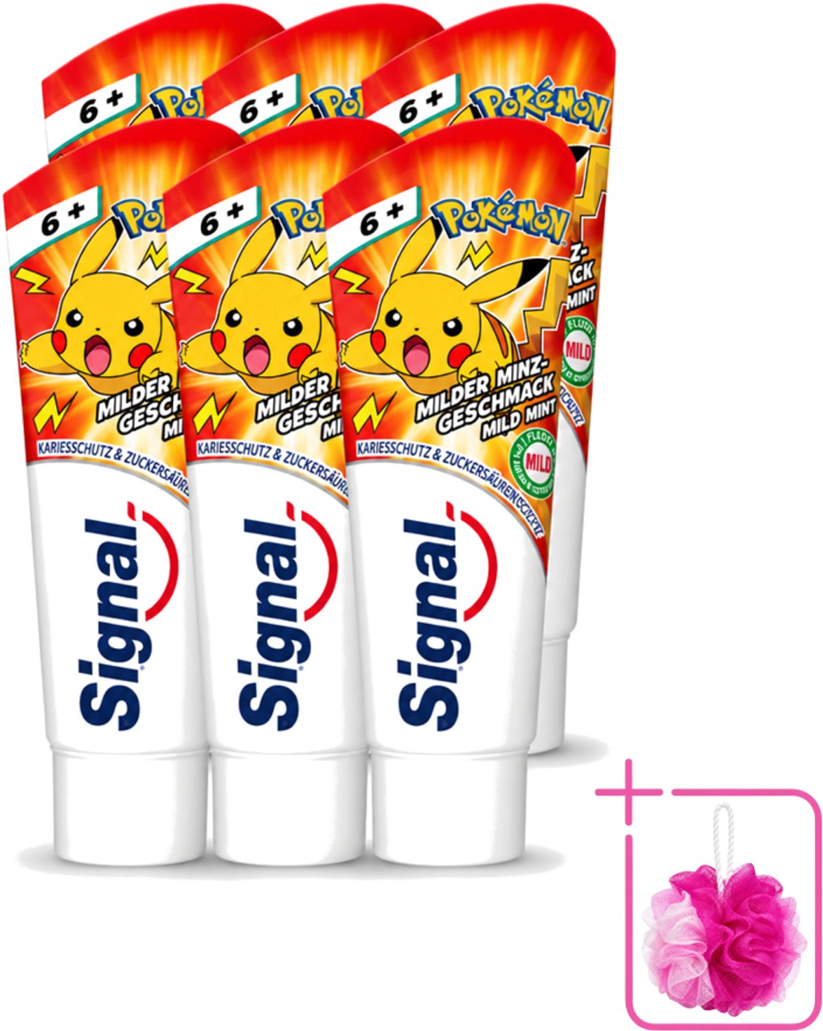 6 x Signal - Pokémon - Tandpasta - Milde Munt Smaak - Anti-Tandsteen - Kinder 6+ Jaar - 75 ml - Bulkverpakking - Tandpasta voor kinderen - Douchemop - Anti-tandsteen tandpasta