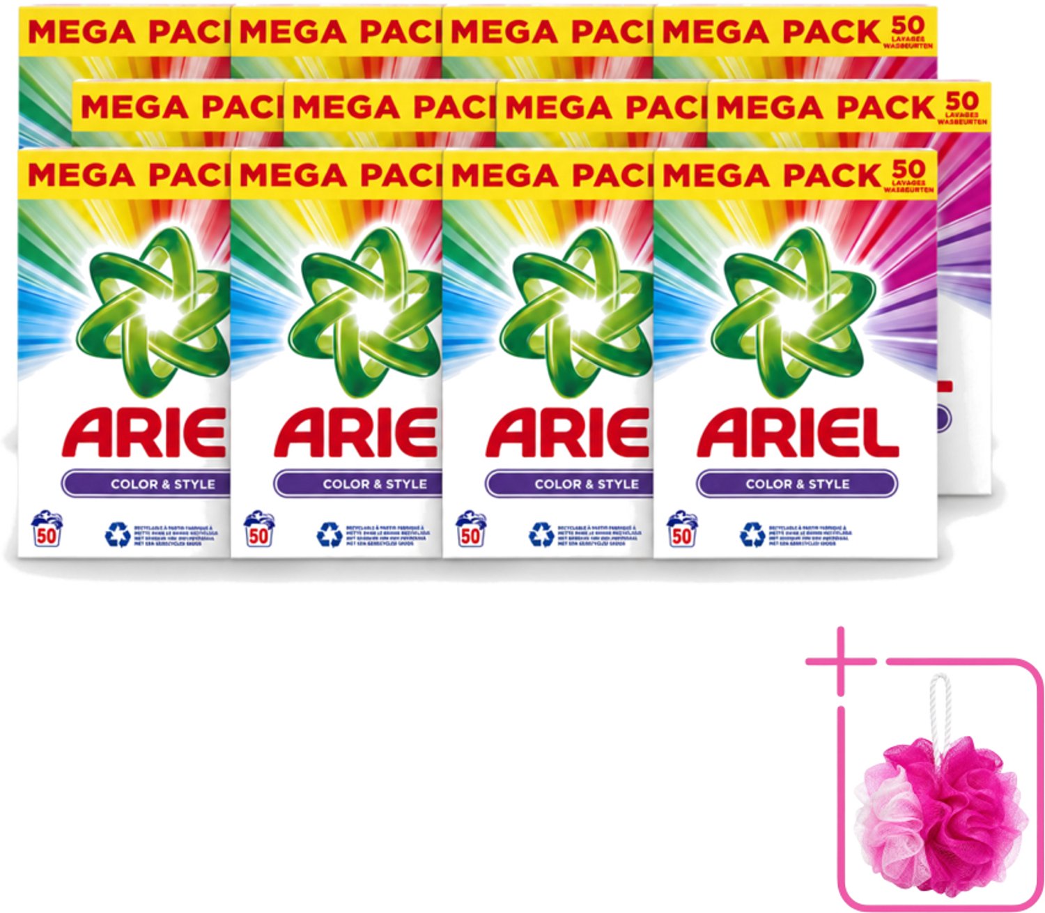 12 x Ariel Color & Style - Waspoeder - Gekleurde Was - 50 Wasbeurten - Bulkverpakking - Kleurverzorging - Douchemop - Waspoeder