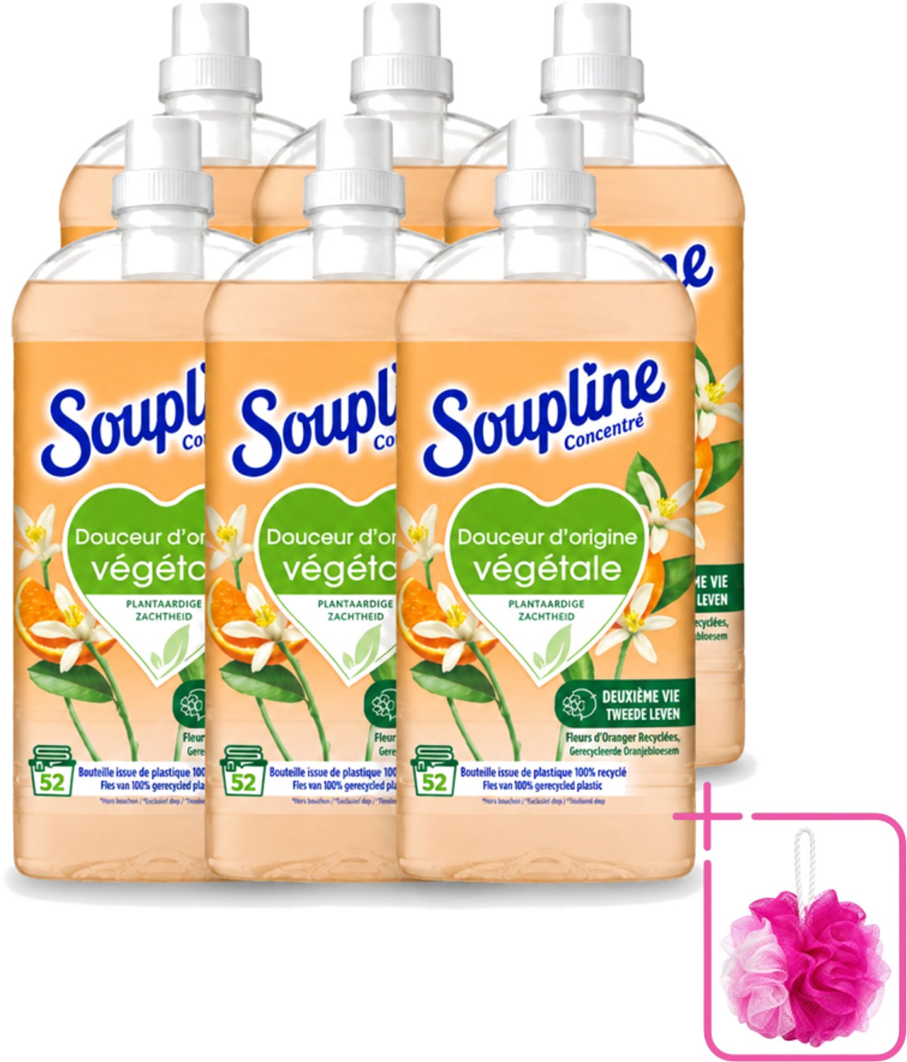 6 x Soupline - Wasverzachter - Oranjebloesem - 52 Wasbeurten - 1.3L - Bulkverpakking - Wasverzachter - Douchemop - Plantaardige zachtheid
