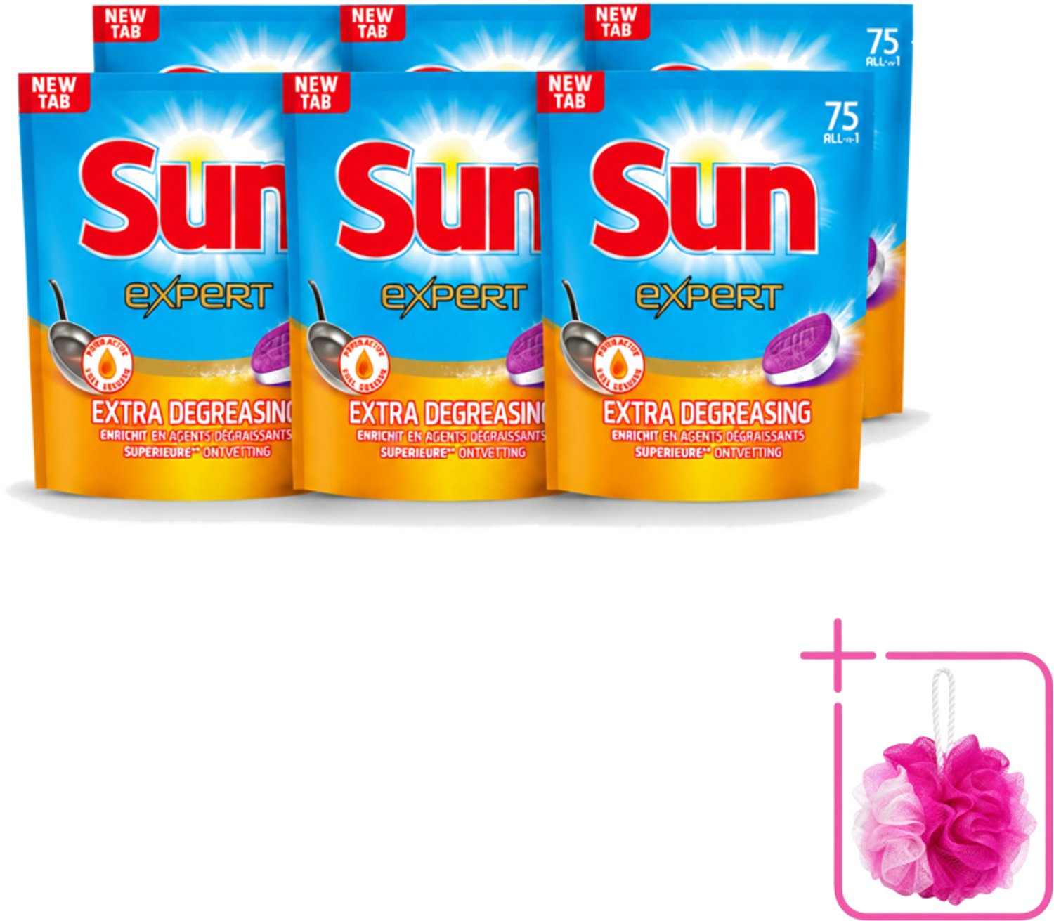 6 x Sun Expert - All-in-1 - Vaatwastabletten - Extra Ontvettend - 75 Tabletten - Bulkverpakking - Vaatwastabletten - Douchemop - Vaatwasmiddel