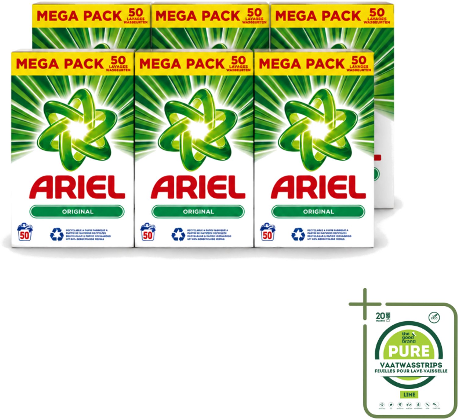 6 x Ariel Original - Waspoeder - Witte en Lichtgekleurde Was - 50 Wasbeurten - Grootverpakking - Vaatwasstrips - Waspoeder - Reiniging - Wasmachine - Energiebesparing - Milieuvriendelijk