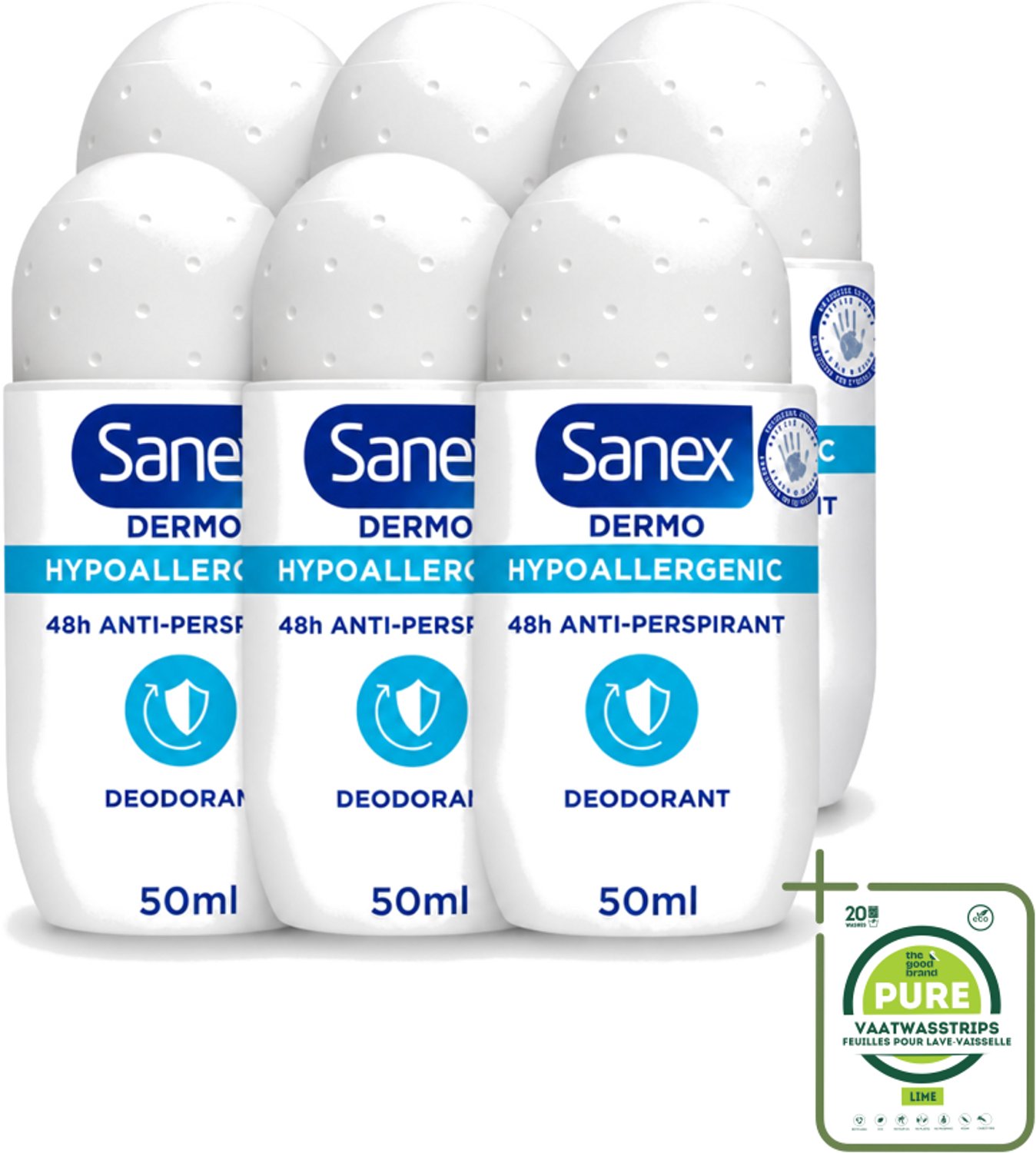 6 x Sanex Dermo - Deodorant Roller - Hypoallergeen - 48h Anti-Transpirant - 50 ml - Grootverpakking - Vaatwasstrips - Deodorant Roller - Hypoallergeen Deodorant - 48h Bescherming - Transpiratie Bescherming - Lichaamsgeur Bestrijding