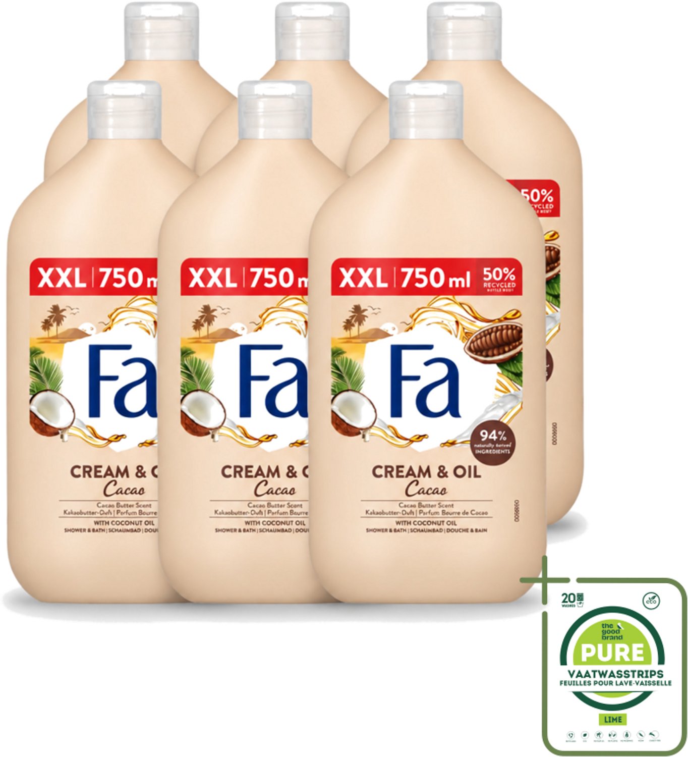6 x Fa - Cream & Oil Cacao - Bad- & Douchegel - Cacaoboter Met Kokosolie - 750 ml - Grootverpakking - Vaatwasstrips - Bad En Douche Gel - Cacaoboter - Kokosolie - Huid Verzorging - Hydraterende Gel