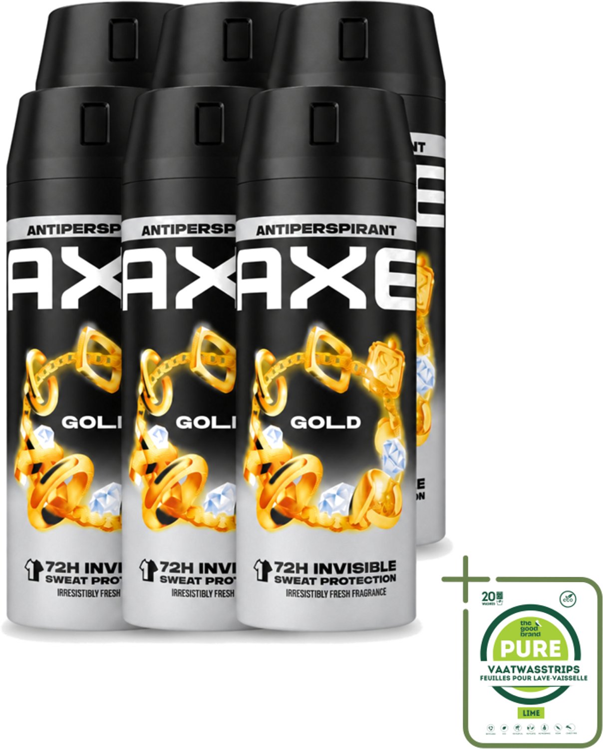 6 x Axe - Deodorant Spray - 72hrs Anti Sweat - Anti White Marks - Gold - 150 ml - Grootverpakking - Vaatwasstrips - Anti Transpirant Spray - 72 Uur Bescherming - Zweetvoorkomend - Witte Strepen Voorkomen - Oud Wood Geur