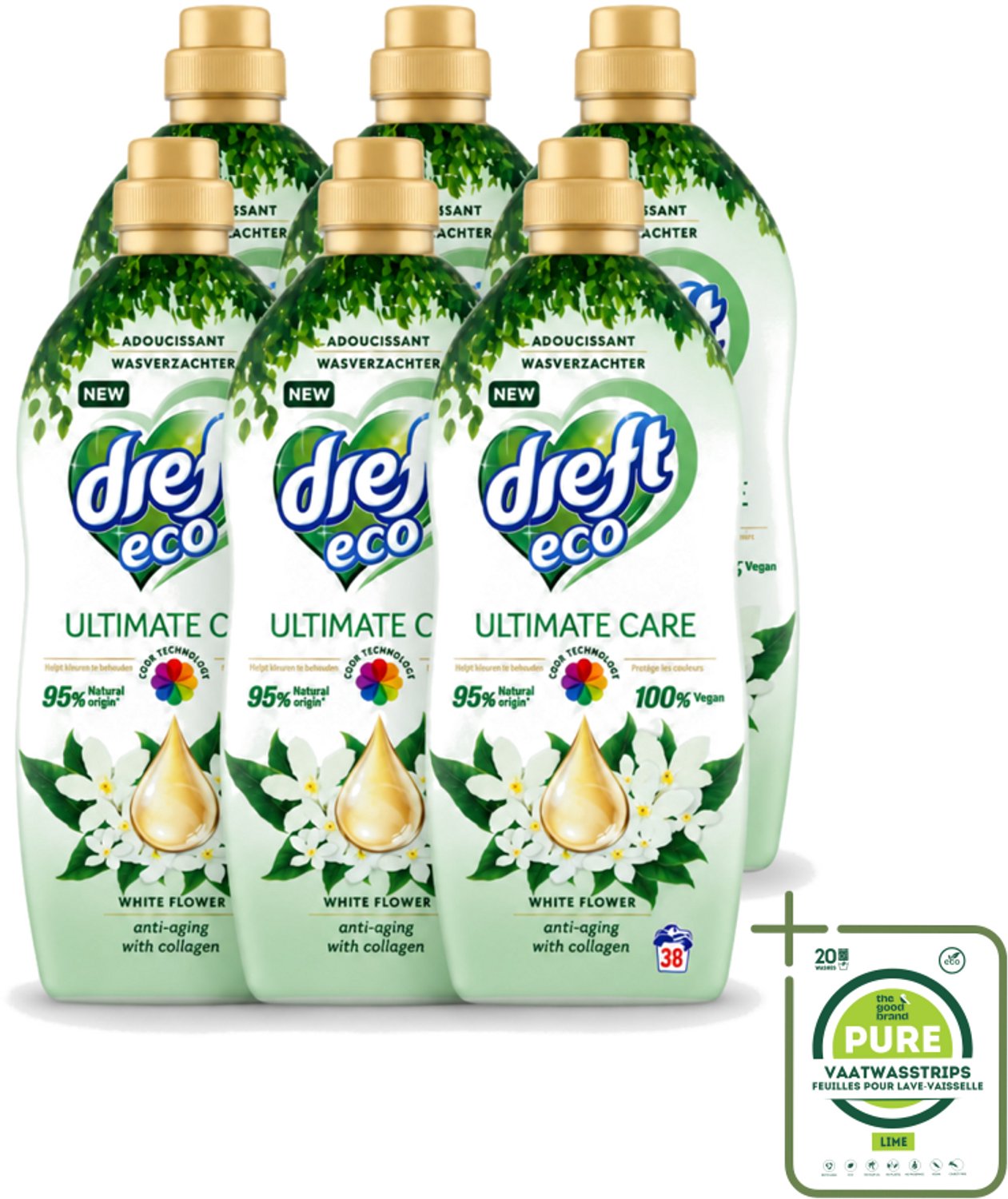 6 x Dreft ECO - Wasverzachter - Gekleurde Was - Witte Bloem - Anti-Veroudering - 38 Wasbeurten - Grootverpakking - Vaatwasstrips - Wasverzachter - Anti-aging - Kleurbescherming - Collageen - Wasgoed Verzorgen