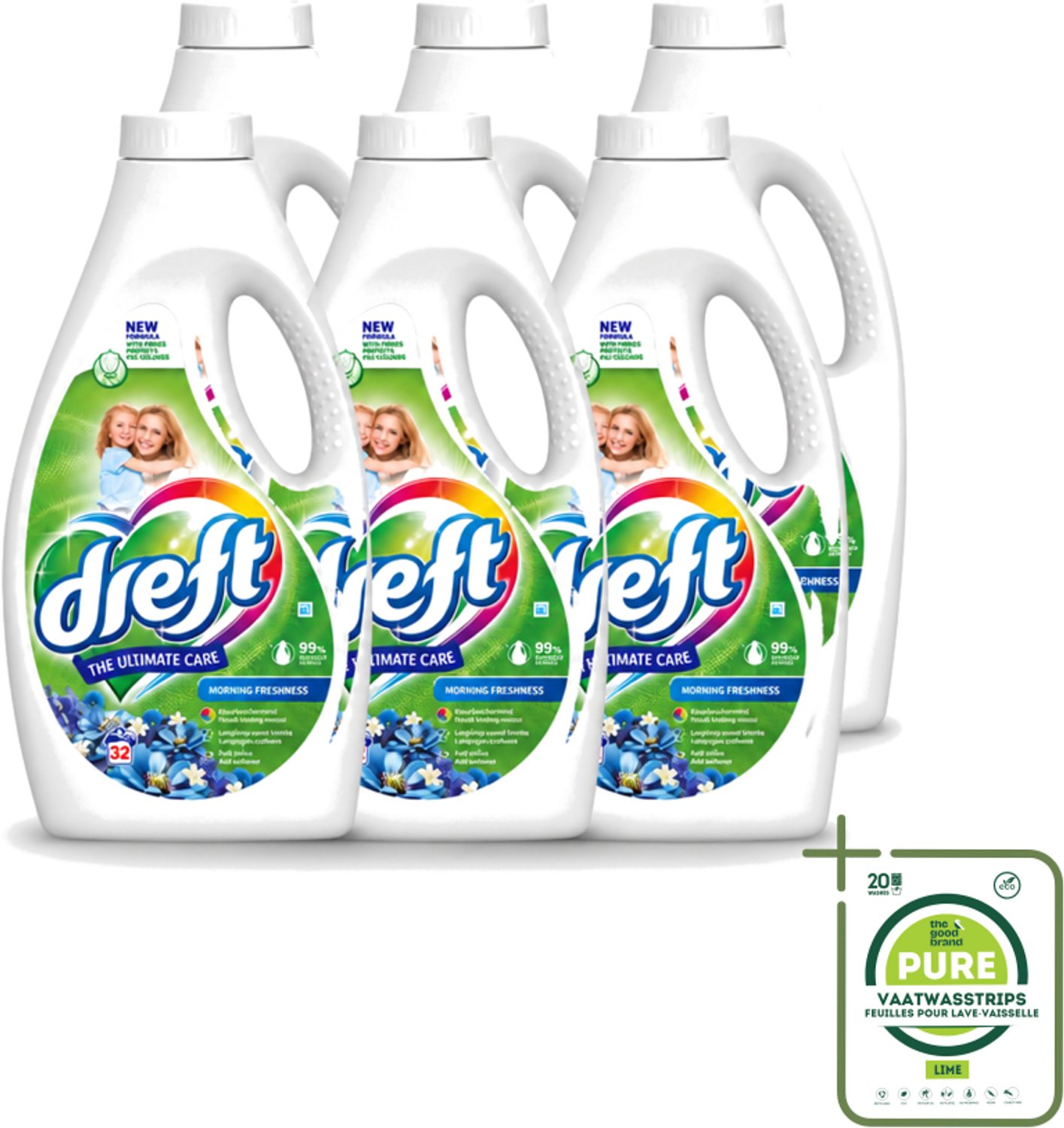 6 x Dreft - Ultimate Care - Vloeibaar Wasmiddel - Gekleurde Was - Ochtendfris - 32 Wasbeurten - Grootverpakking - Vaatwasstrips - Gekleurde Was - Ochtendfris - Wasmiddel - Wasbeurt - Kleurbescherming