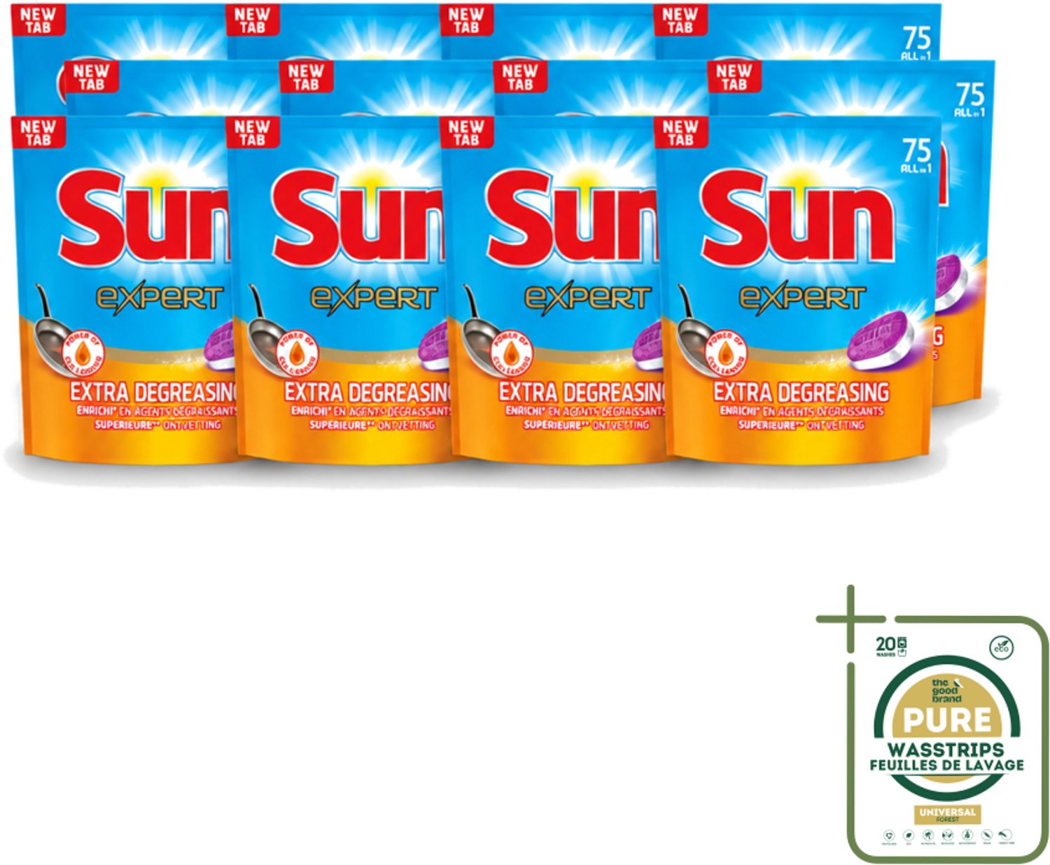 12 x Sun Expert - All-in-1 - Vaatwastabletten - Extra Ontvettend - 75 Tabletten - Wasstrips - Vaatwastabletten - Vaatwasmiddel - Ontvetting - Vaatwasser - Vaat Reinigen