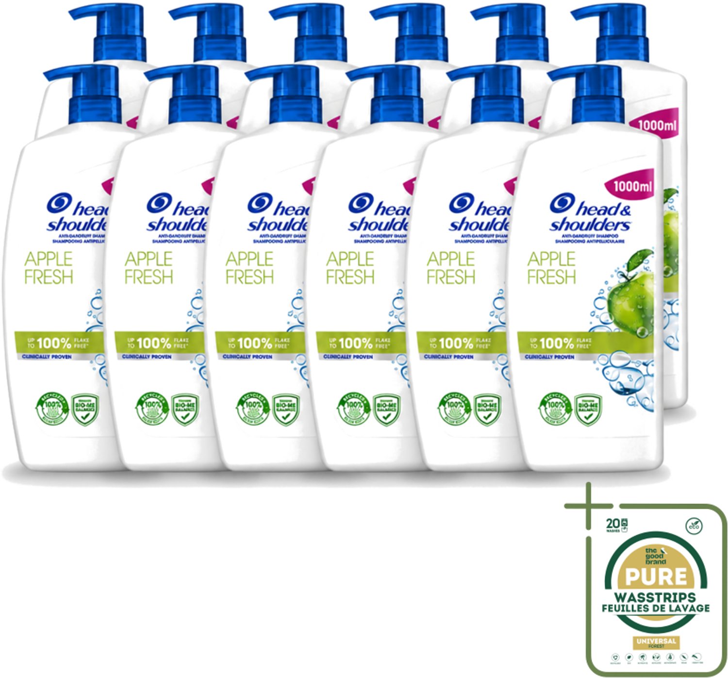 12 x Head & Shoulders - Anti-Roos Shampoo - Apple Fresh - Pompflacon - 1000 ml - Wasstrips - Roosvrij Haar - Anti-roos Shampoo - Hoofdhuid Verzorging - Appelgeur Shampoo - Microbiome Balans