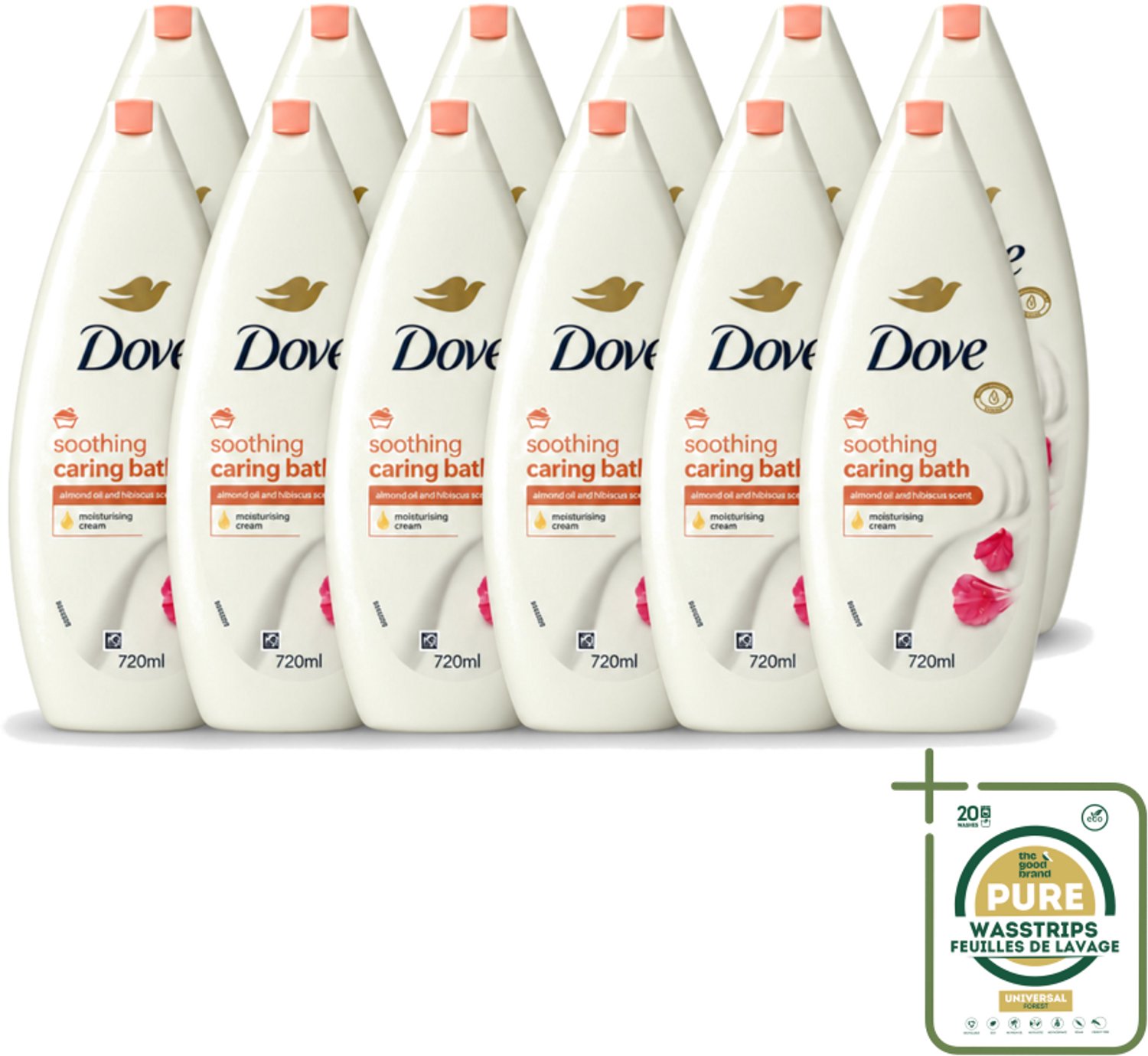 12 x Dove – Badcrème – Soothing Almond Oil & Hibiscus – 720 ml - Wasstrips - Douchegel - Huidverzorging - Kalmerend - Schuim - Amandelolie