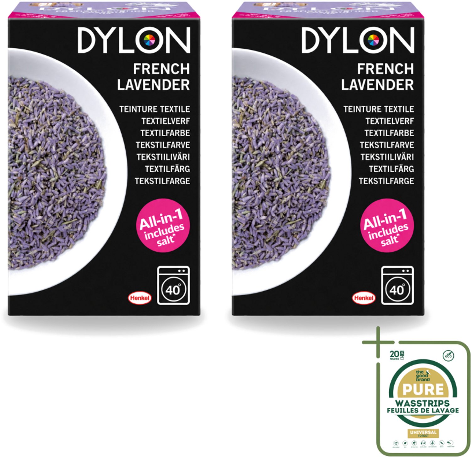2 x Dylon - Textielverf - French Lavender - All-in-One - Inclusief Zout - 350g - Wasstrips - Textielverf - Lavendelkleur - French Lavender - Zout - Stofverf