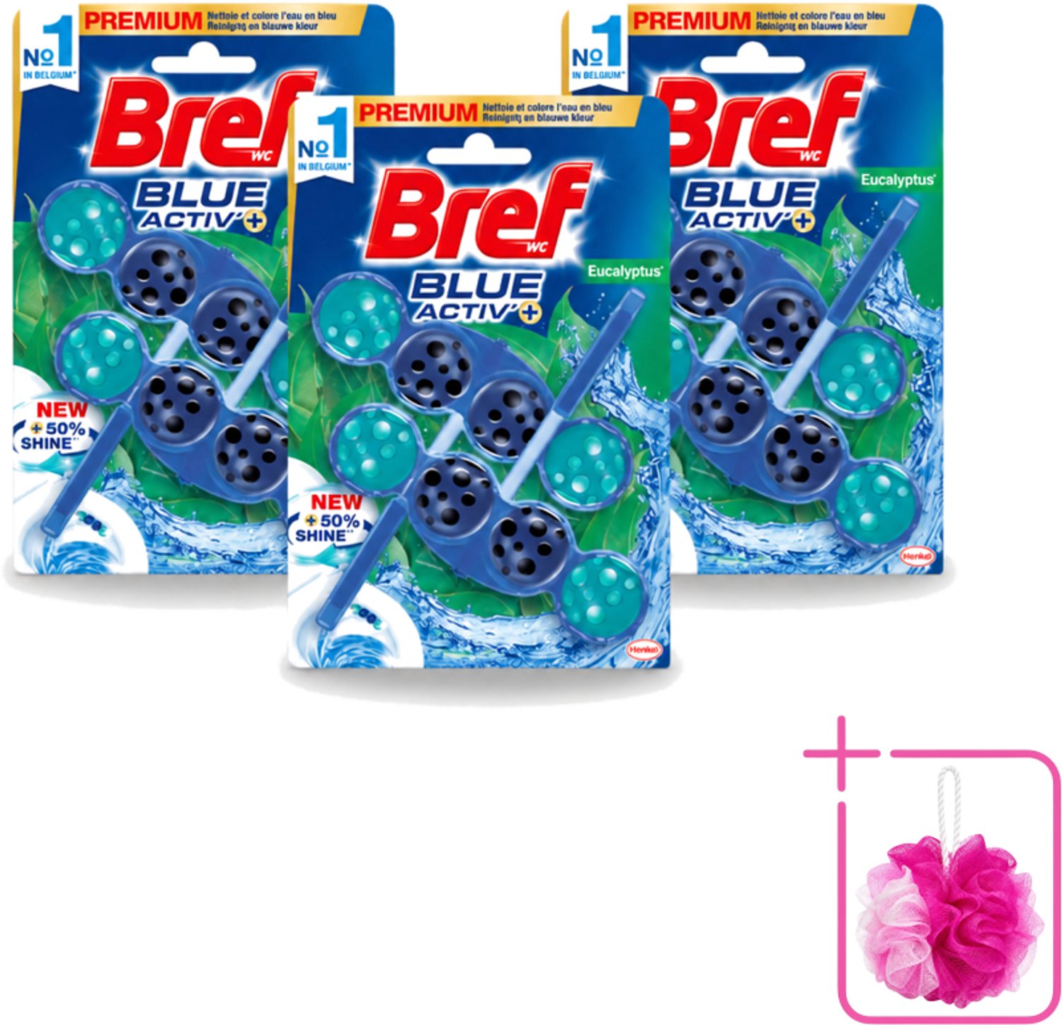 3 x Bref WC - Blue Activ' - Toiletblok - Eucalyptus - 2 Blokken - Bulkverpakking - Toiletverzorging - Douchemop - Toilet reinigen