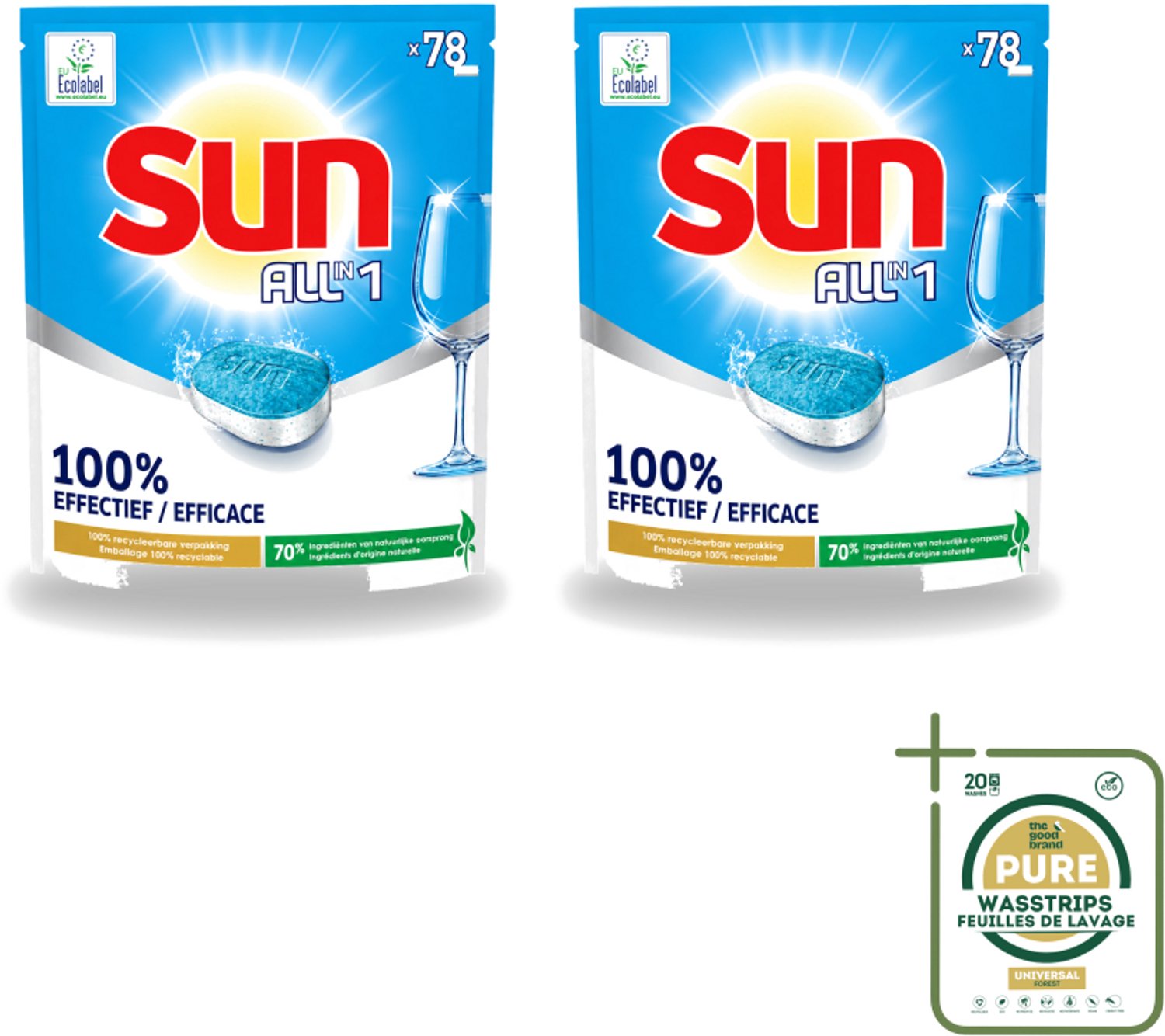 2 x Sun All-in-1 - Eco Label - Vaatwastabletten - 78 Tabletten - Wasstrips - Vaatwastabletten - Milieuvriendelijke Vaatwas - Eco Label - Vaatwasser Tabletten - Vet Verwijderen