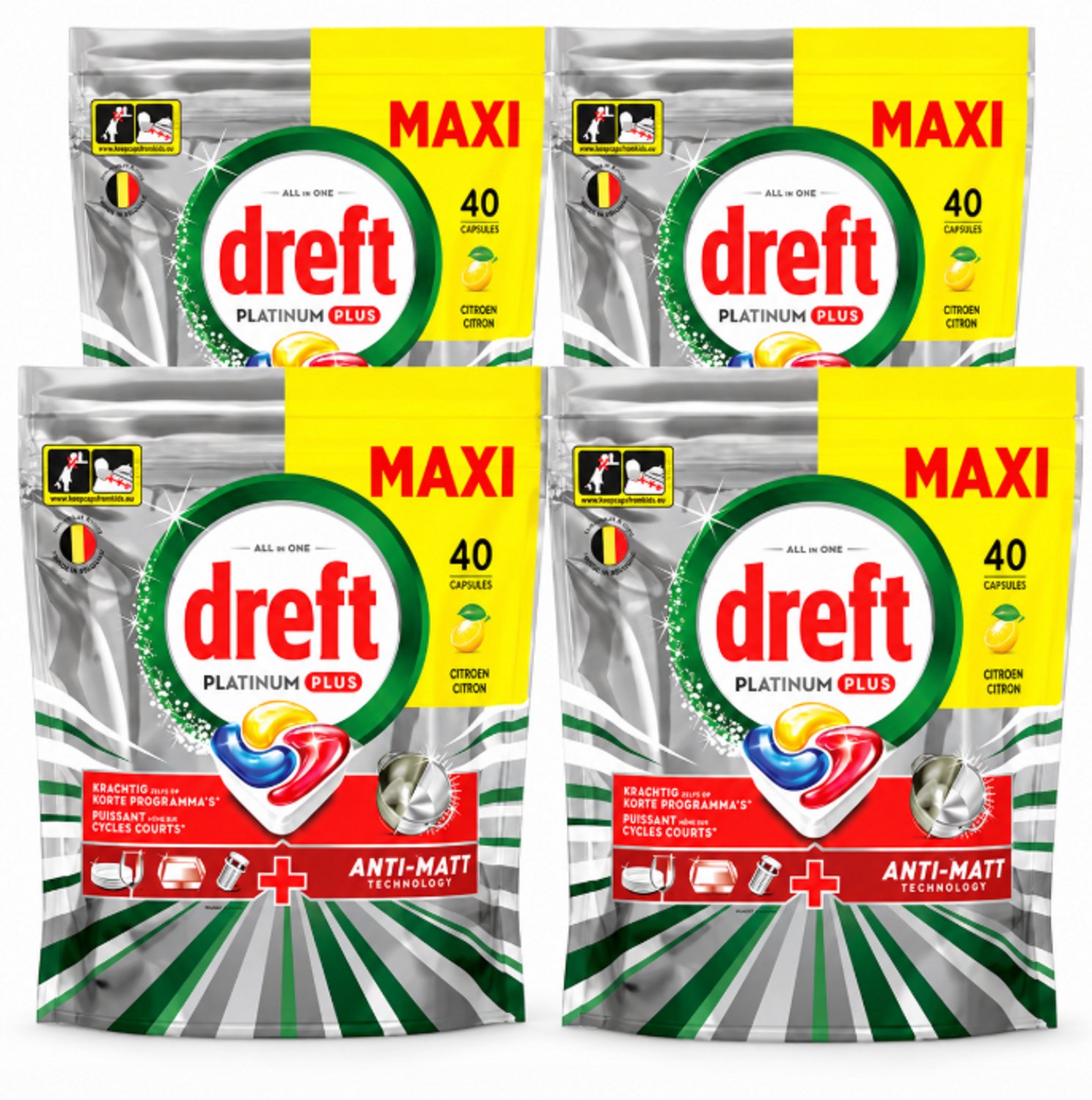 Dreft Platinum Plus All in One Vaatwascapsules Citroen – 4 x 40 Stuks – 160 Capsules – Maxi Voordeelverpakking