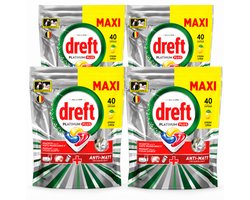 Dreft Platinum Plus All in One Vaatwascapsules Citroen – 4 x 40 Stuks – 160 Capsules – Maxi Voordeelverpakking