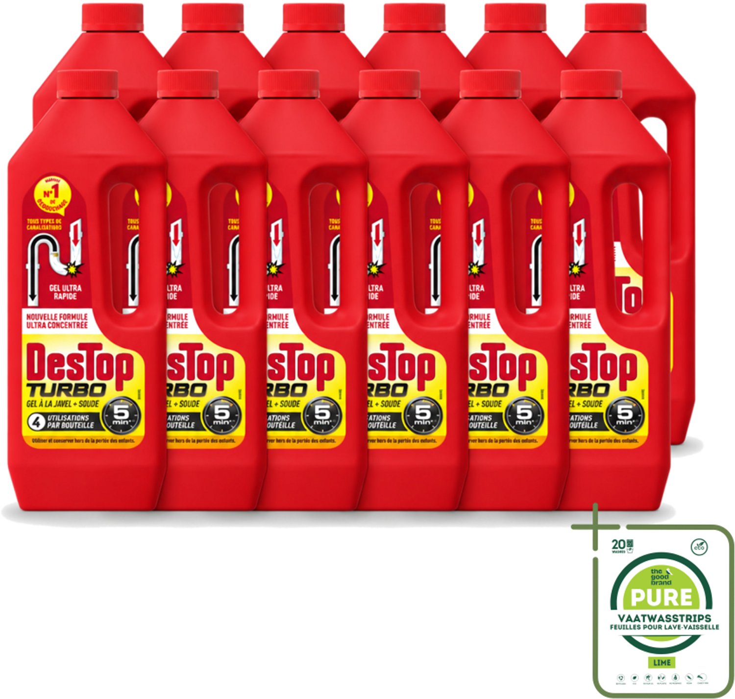 12 x Destop - Ontstopper - Turbo Gel - 1 L - Grootverpakking - Vaatwasstrips - Ontstoppen - Afvoer - Verstopping - Ontstopmiddel - Afvoerleiding