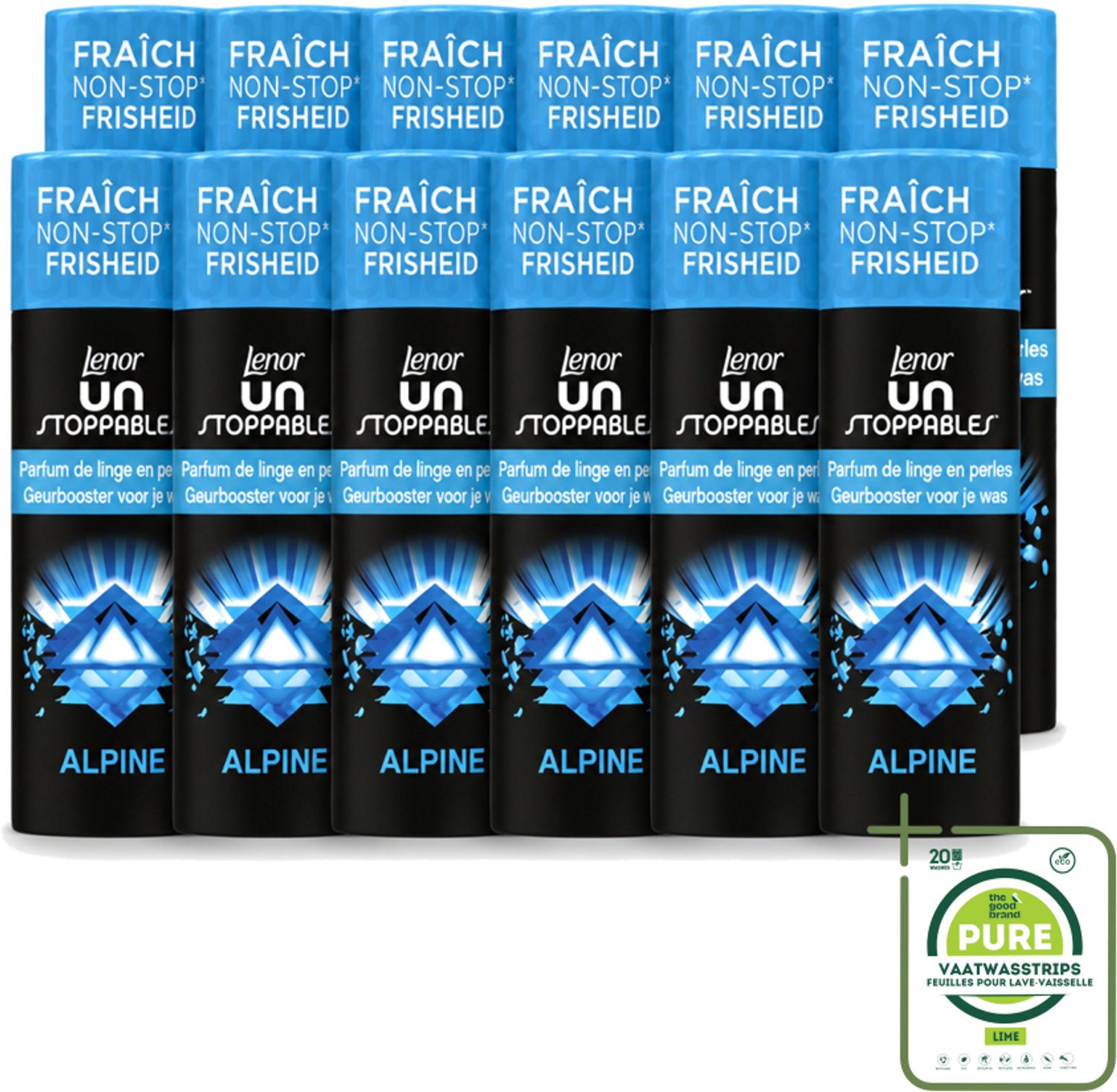 12 x Lenor Unstoppables – Geurbooster – Alpine – 19 Wasbeurten – 235 g - Grootverpakking - Vaatwasstrips - Geurbooster Wasgoed - Frisheid Wasgoed - Citrus Geur - Bloemen Geur - Kruiden Geur