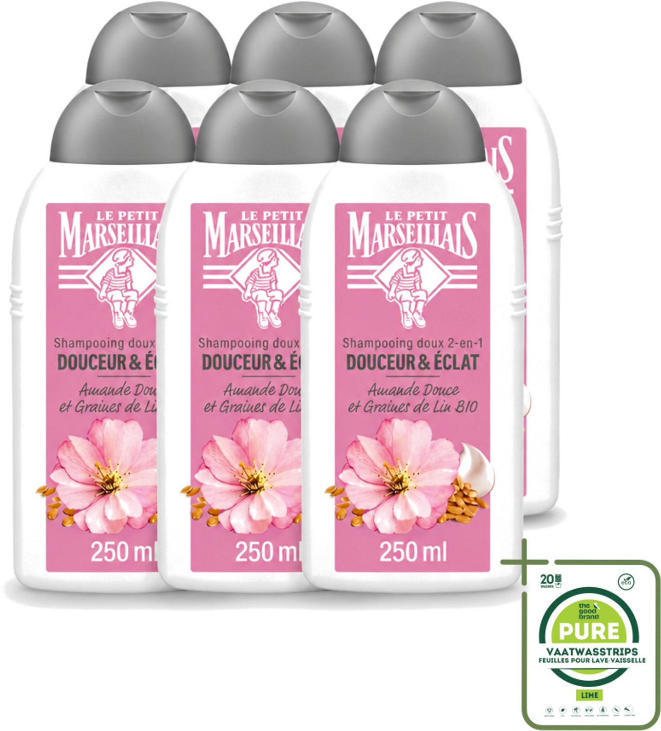 6 x Le Petit Marseillais – Shampoo – Amande Douce & Graines de Lin Bio – 250 ml - Grootverpakking - Vaatwasstrips - Shampoo Amande Douce - Shampoo Linzaad - Shampoo Bio - Shampoo Voor Fijn Haar - Shampoo Voor Normaal Haar