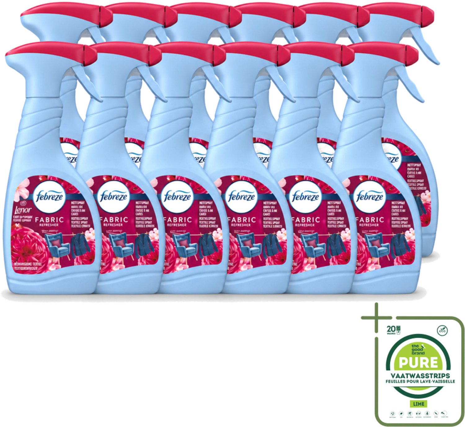 12 x Febreze – Textielspray – Robijn Jasmijn – 500 ml - Grootverpakking - Vaatwasstrips - Textielverfrisser - Textielgeur - Geurverwijdering - Jasmijngeur - Robijngeur